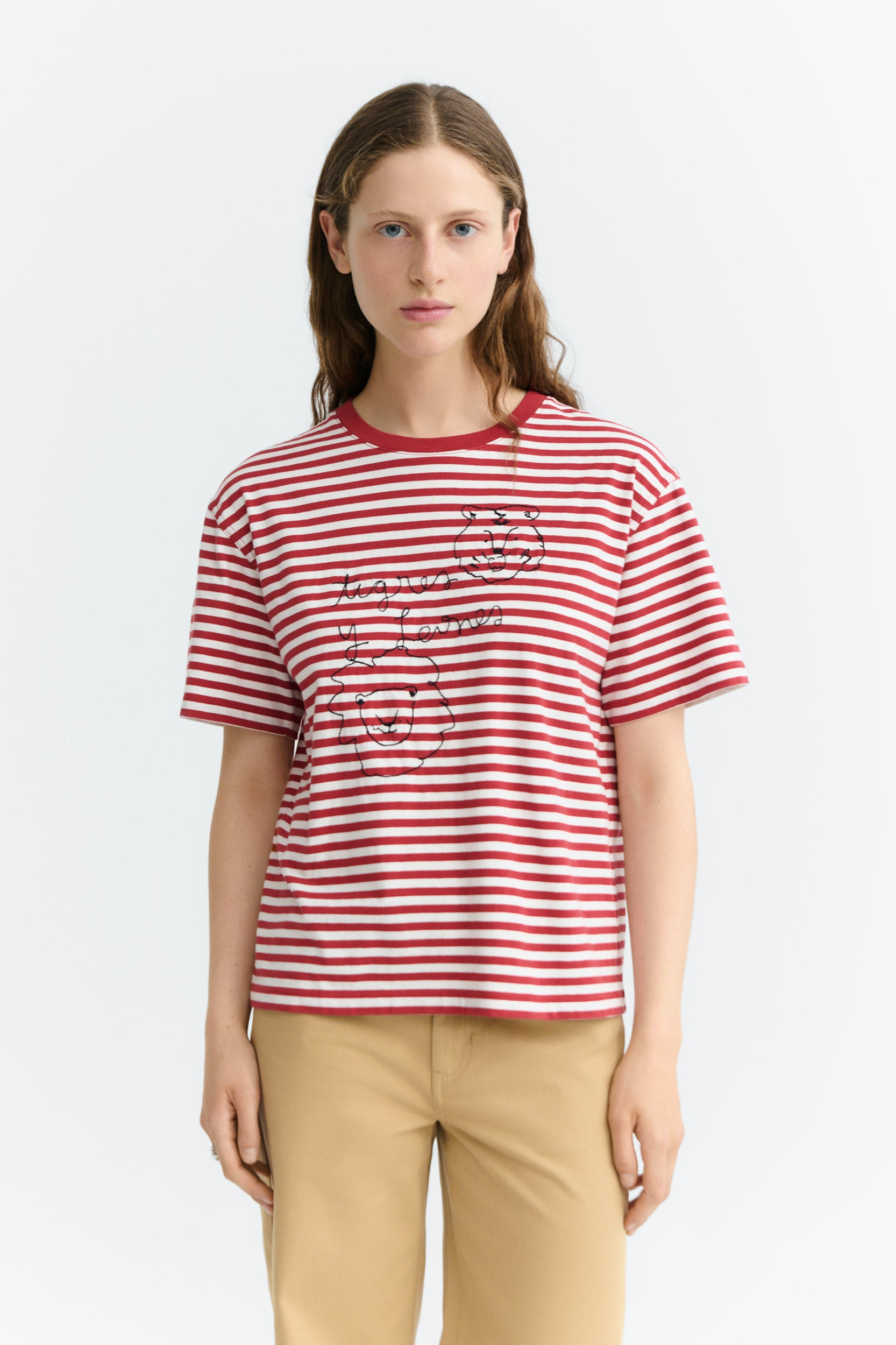 Thinking mu Damen vegan T-Shirt Lucia Bestickte Tiger Und L&Atilde;&para;wen Rote Streifen