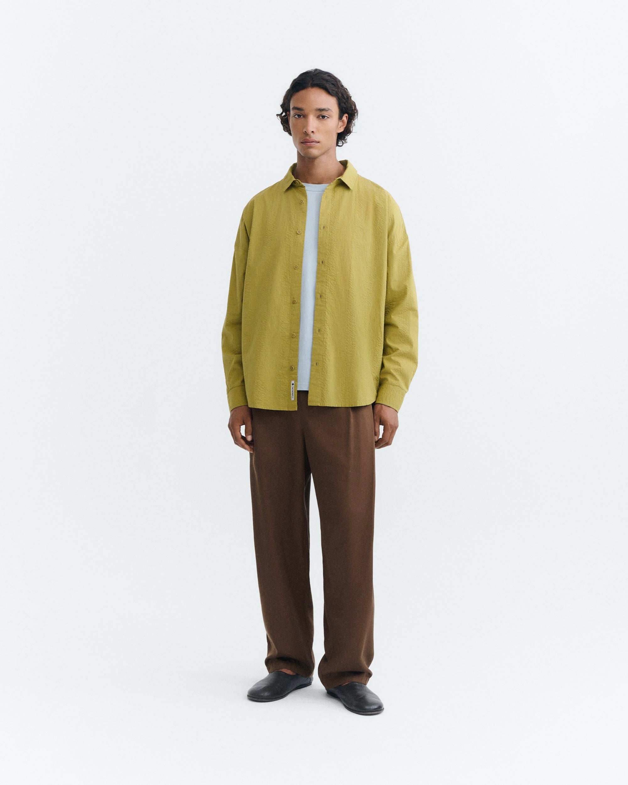 Thinking MU men vegan Shirt Haru Seersucker Oversized Green