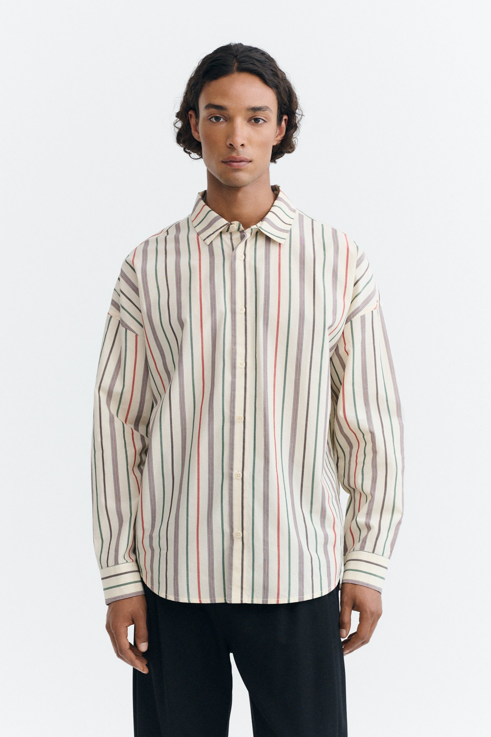 Thinking MU men vegan Shirt Haru Oversized Striped Cream