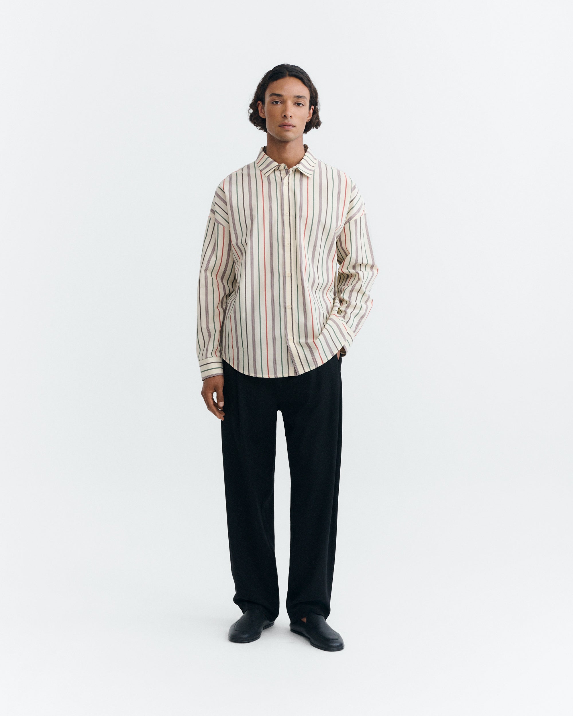 Thinking MU men vegan Shirt Haru Oversized Striped Cream