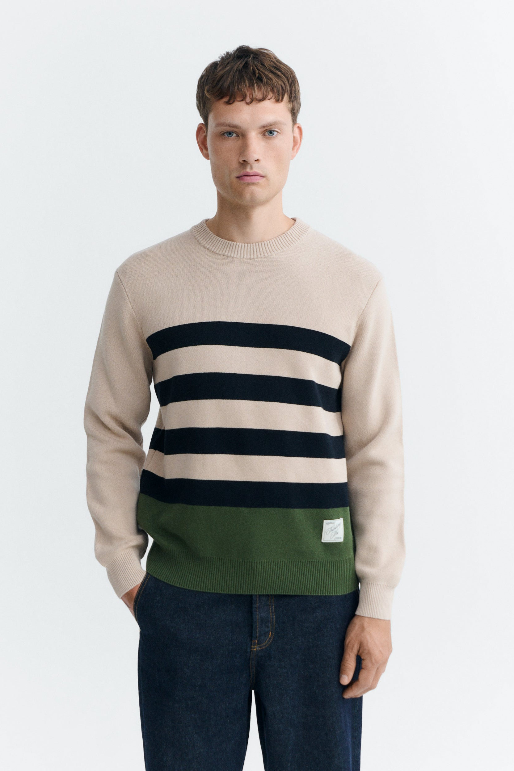 Thinking mu Herren vegan Pullover Seth Gestreift Beige/Schwarz/Gr&Atilde;&frac14;n