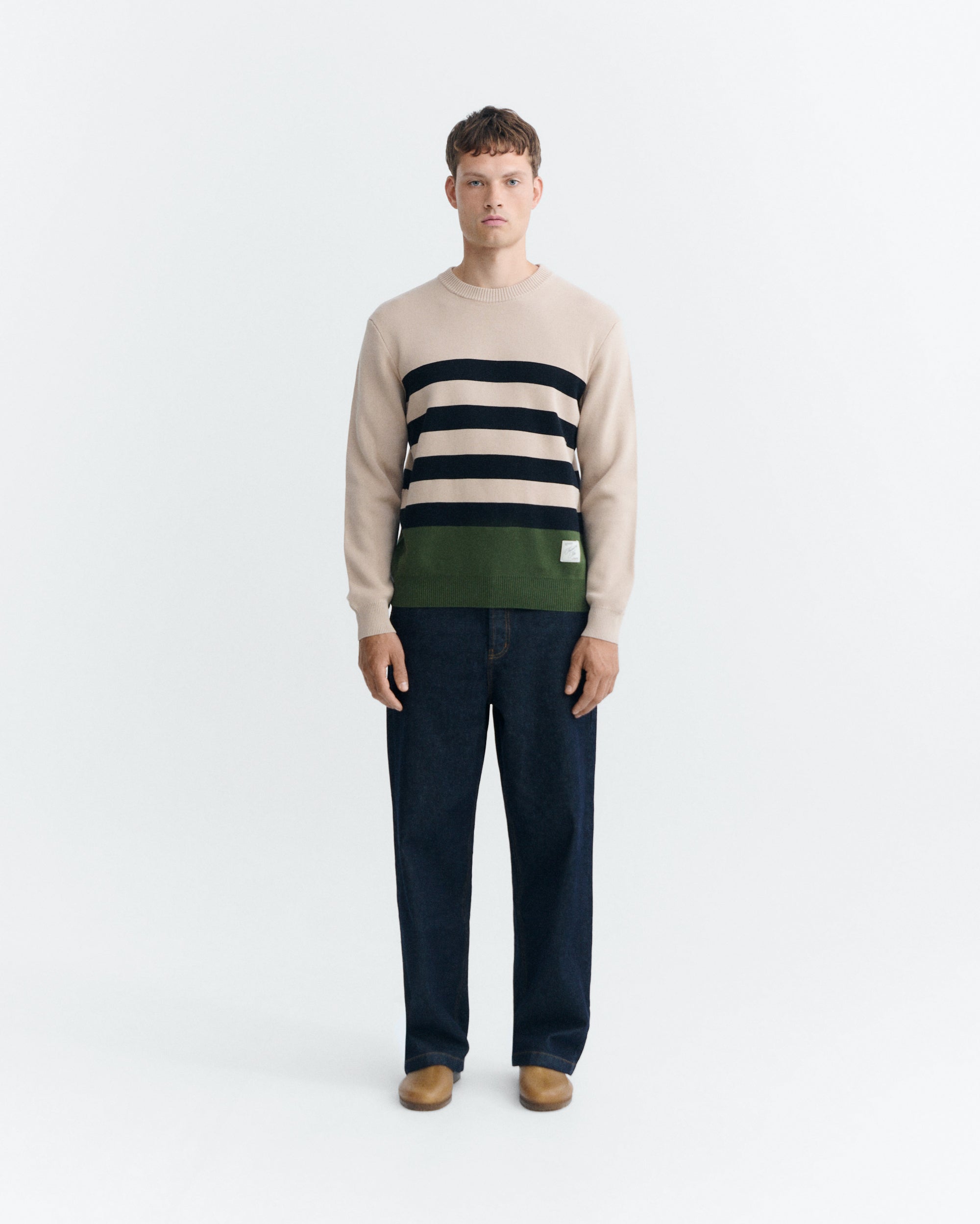 Thinking MU men vegan Sweater Seth Striped Beige/ Black/ Green