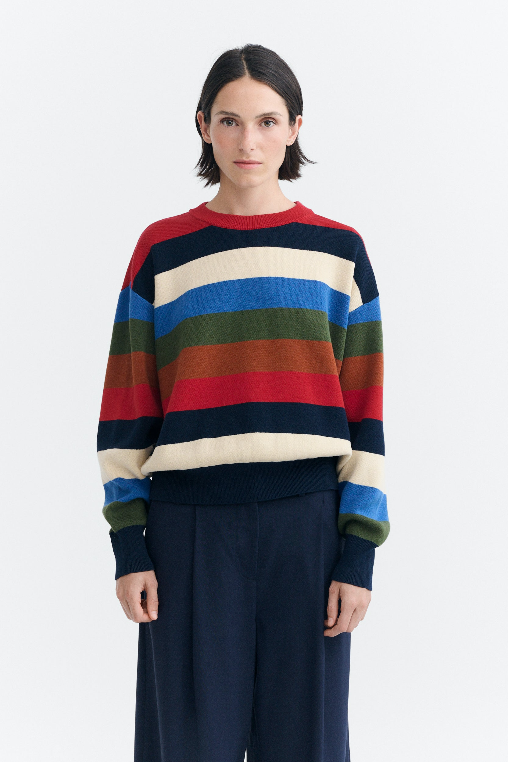 Thinking MU womens vegan Sweater Petra Striped Blue/ Red/ Cream