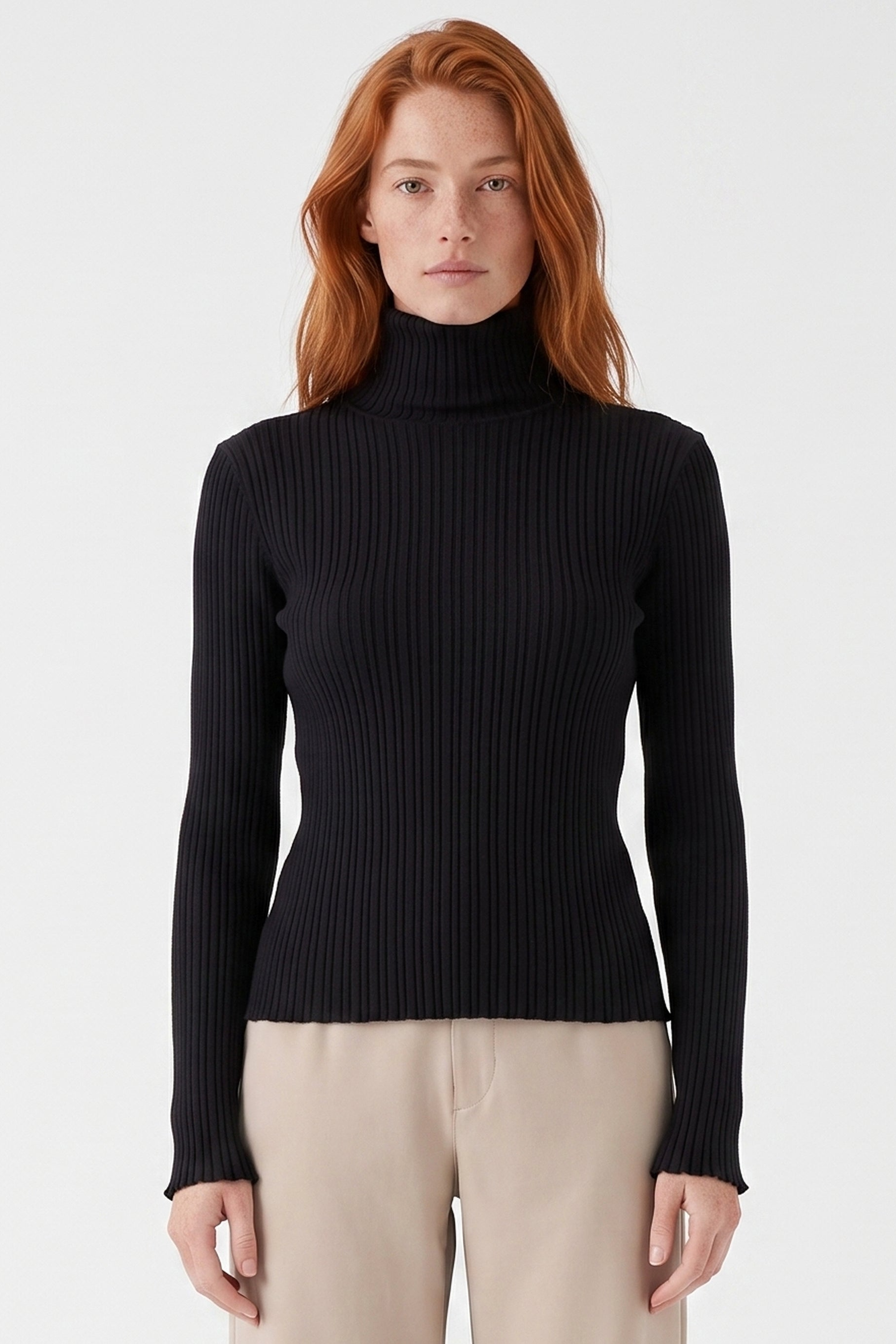 ORGANICATION Damen vegan Top Mit Rollkragen Gerippter Strick Schwarz