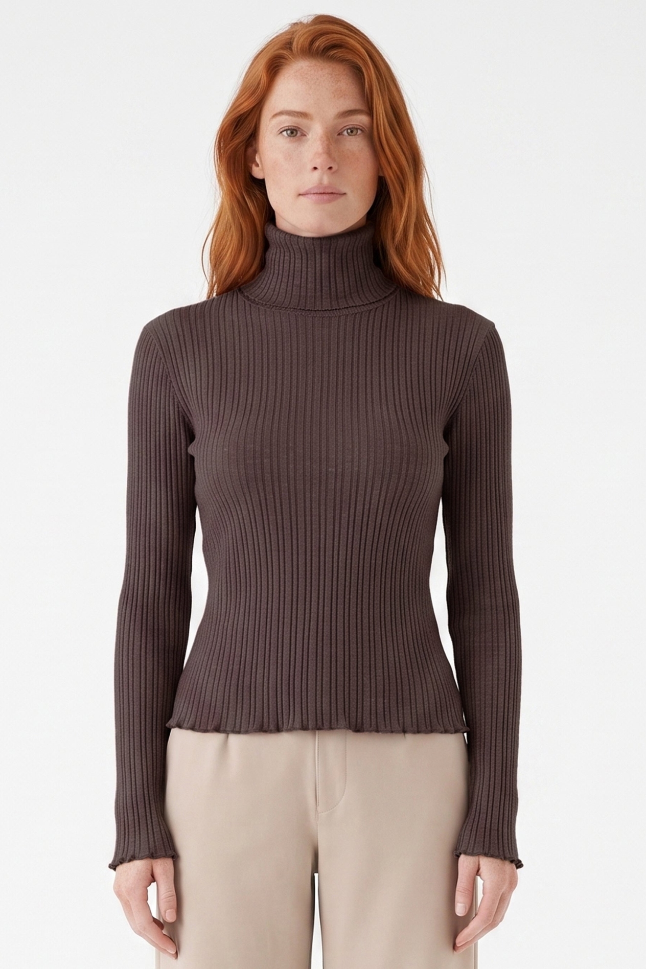 ORGANICATION Damen vegan Top Mit Rollkragen Aus Geripptem Strick In Der Farbe &acirc;&zcaron;cocoa&acirc;œ Puder