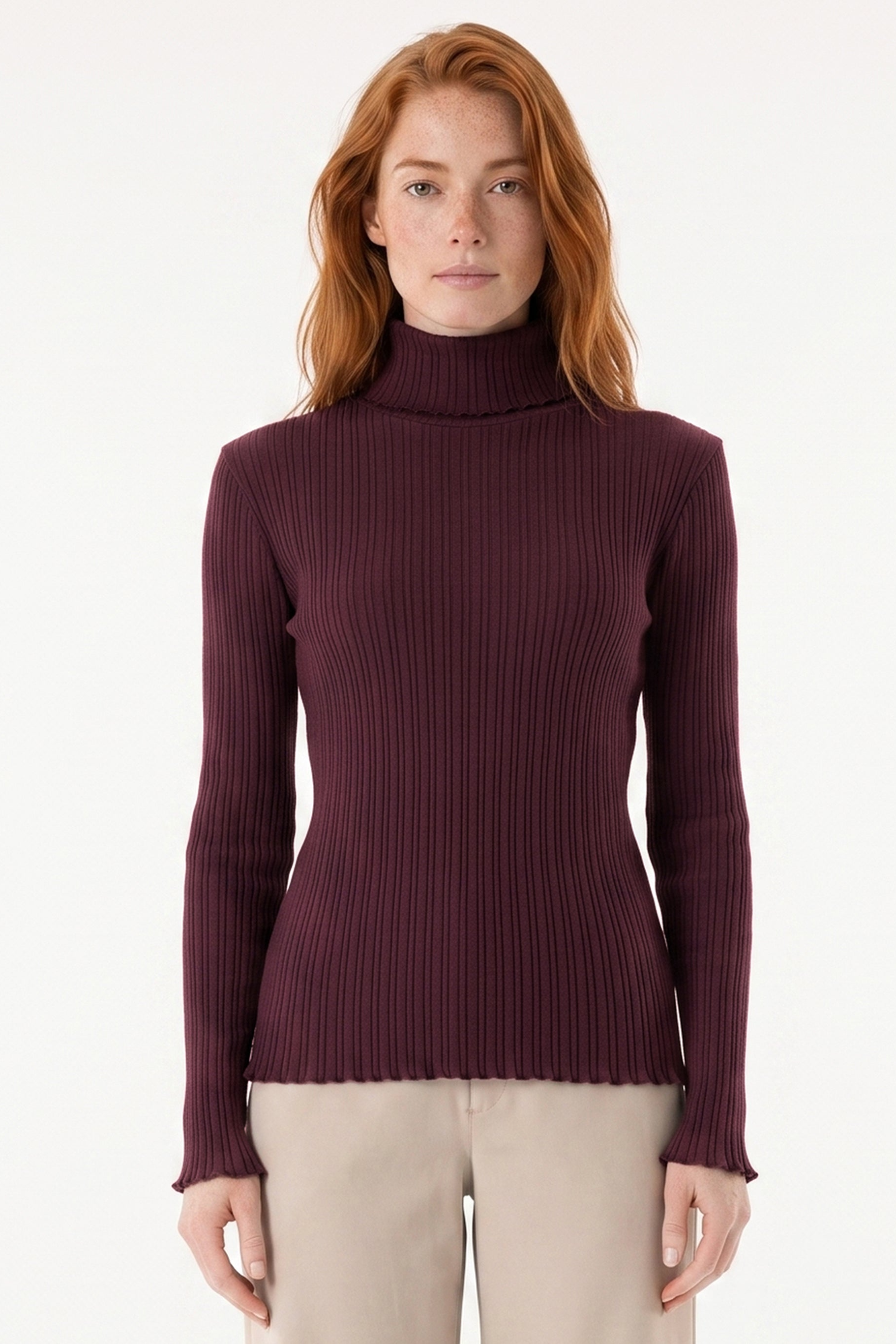ORGANICATION Damen vegan Top Mit Rollkragen Aus Geripptem Strick Farbe &acirc;&zcaron;dark Wine&acirc;œ