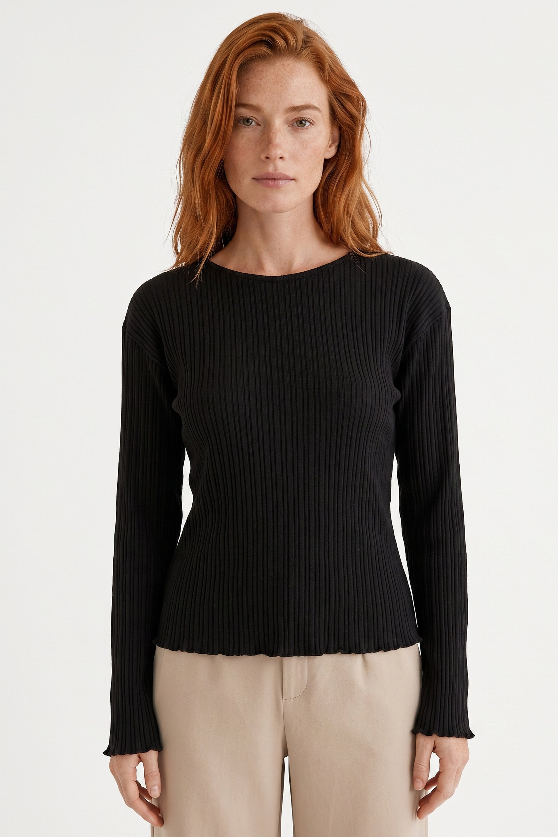 ORGANICATION Damen vegan Top Mit Langen &Atilde;&bdquo;rmeln Gerippter Strick Schwarz