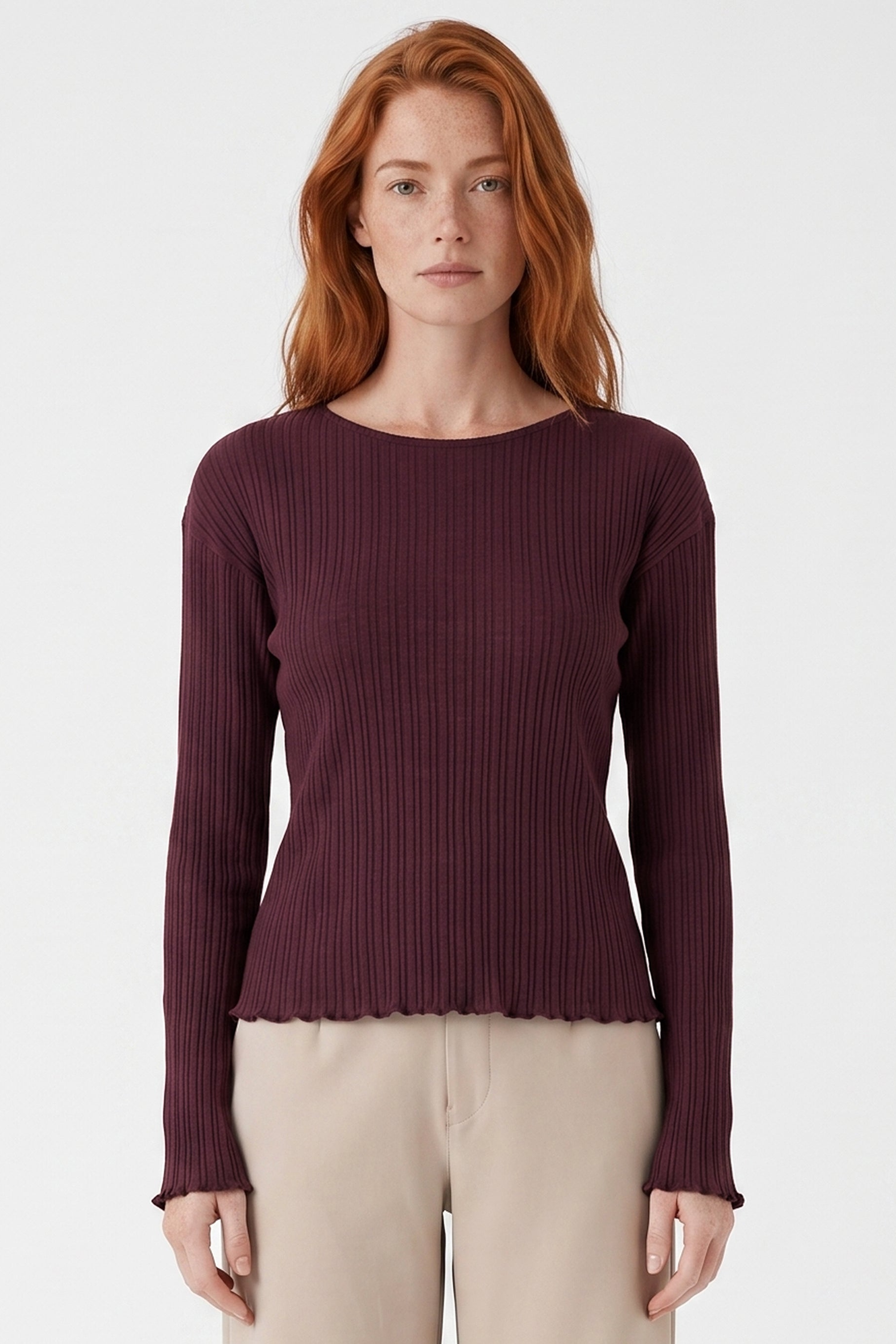 ORGANICATION Damen vegan Top Mit Langen &Atilde;&bdquo;rmeln Gerippter Strick Dunkles Weinrot