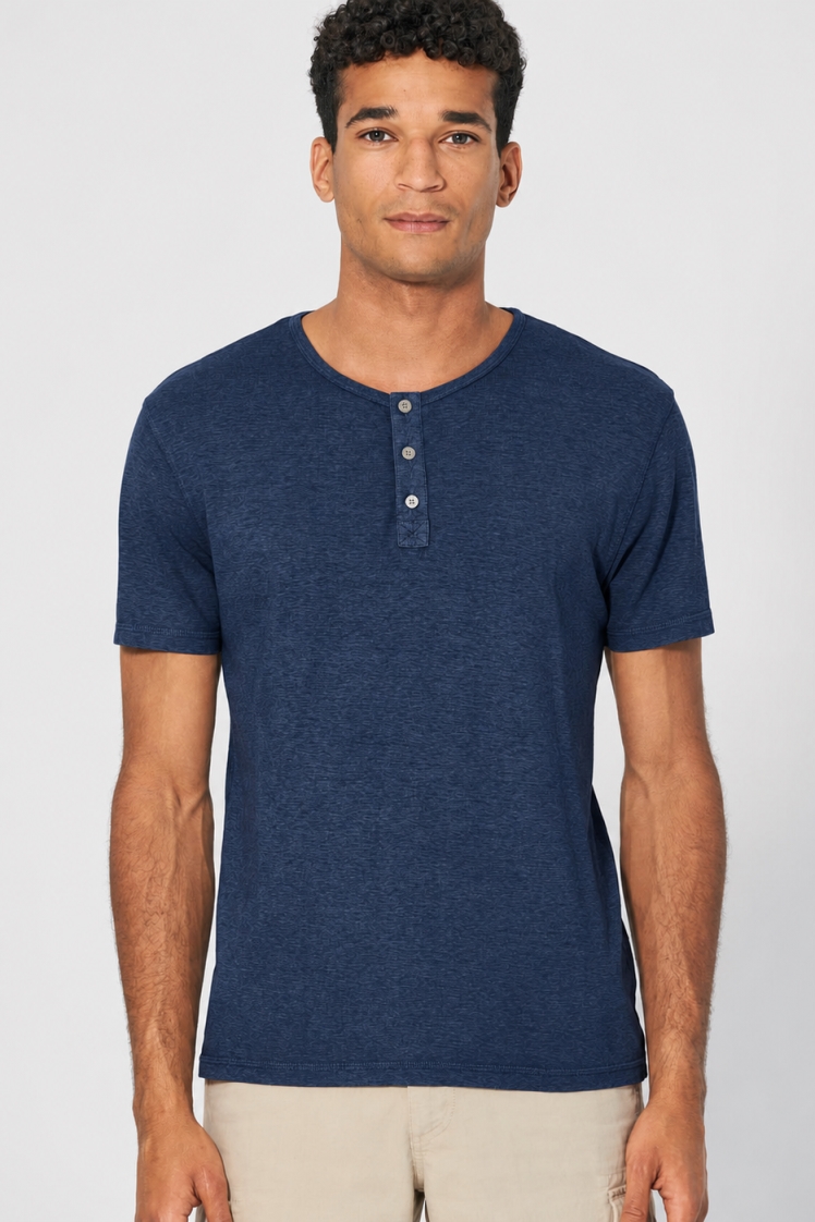 HempAge Herren vegan Einfarbiges Henley-T-Shirt In Marineblau
