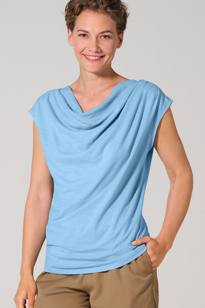 HempAge Damen vegan Top Mit Wasserfall Ausschnitt Gletscherblau