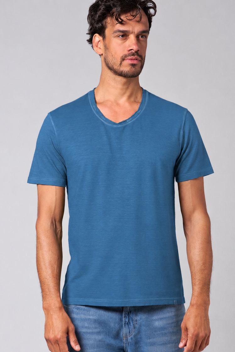 HempAge Herren vegan T-Shirt Mit Hochgekrempeltem V-Ausschnitt Ozeanblau
