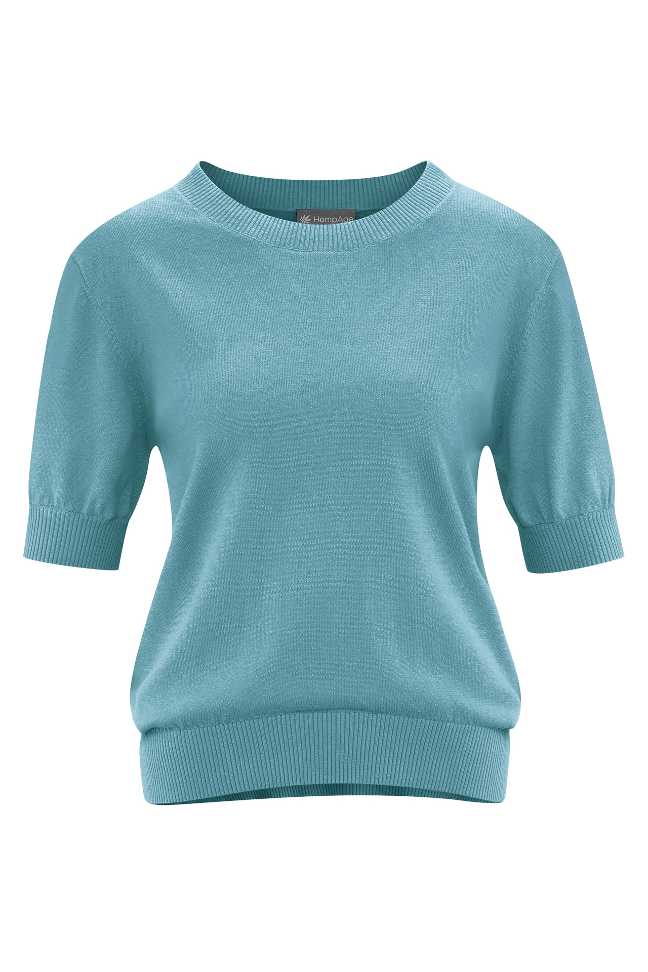 HempAge Damen vegan Kurzarm Strickpullover Wave In Blau