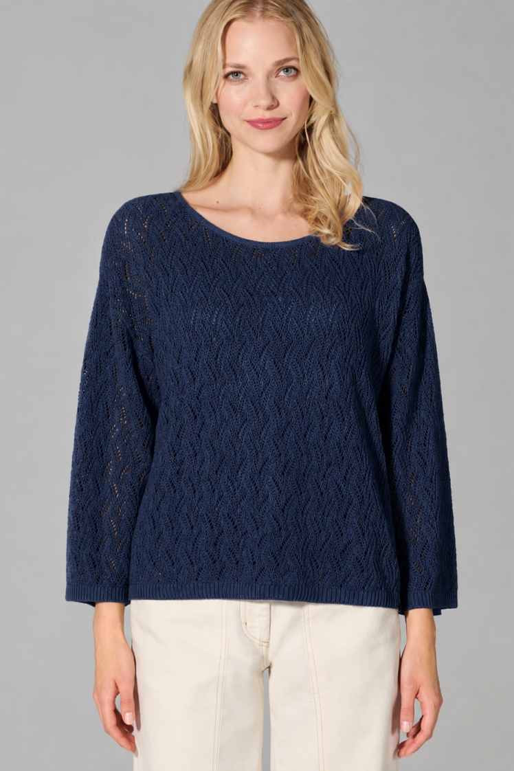 HempAge Damen vegan Pullover Mit Lochmuster Marineblau