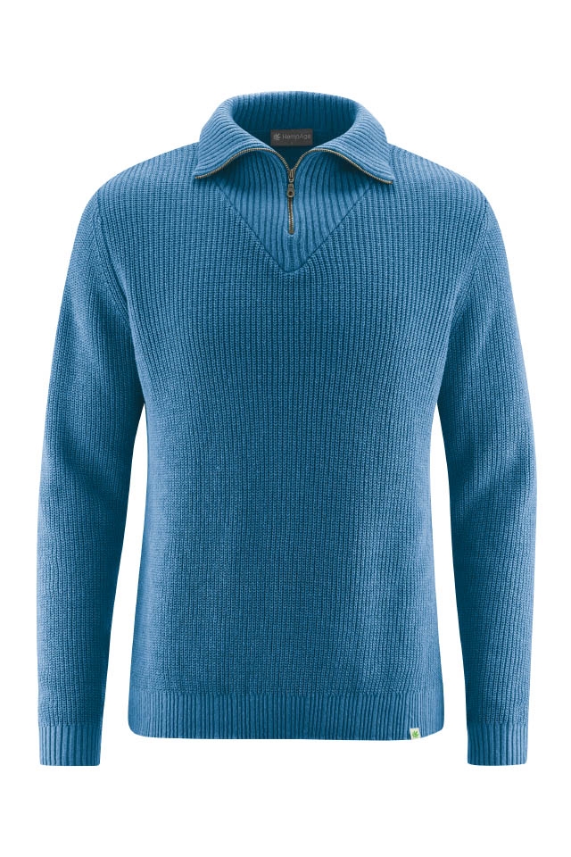 HempAge Herren vegan Pullover Textured Troyer Meerblau