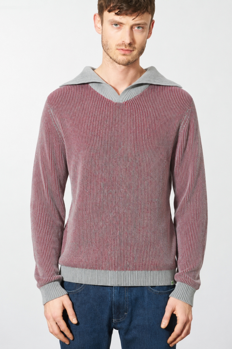HempAge Herren vegan Pullover Elegant Troyer In Tinto Rot/Grau