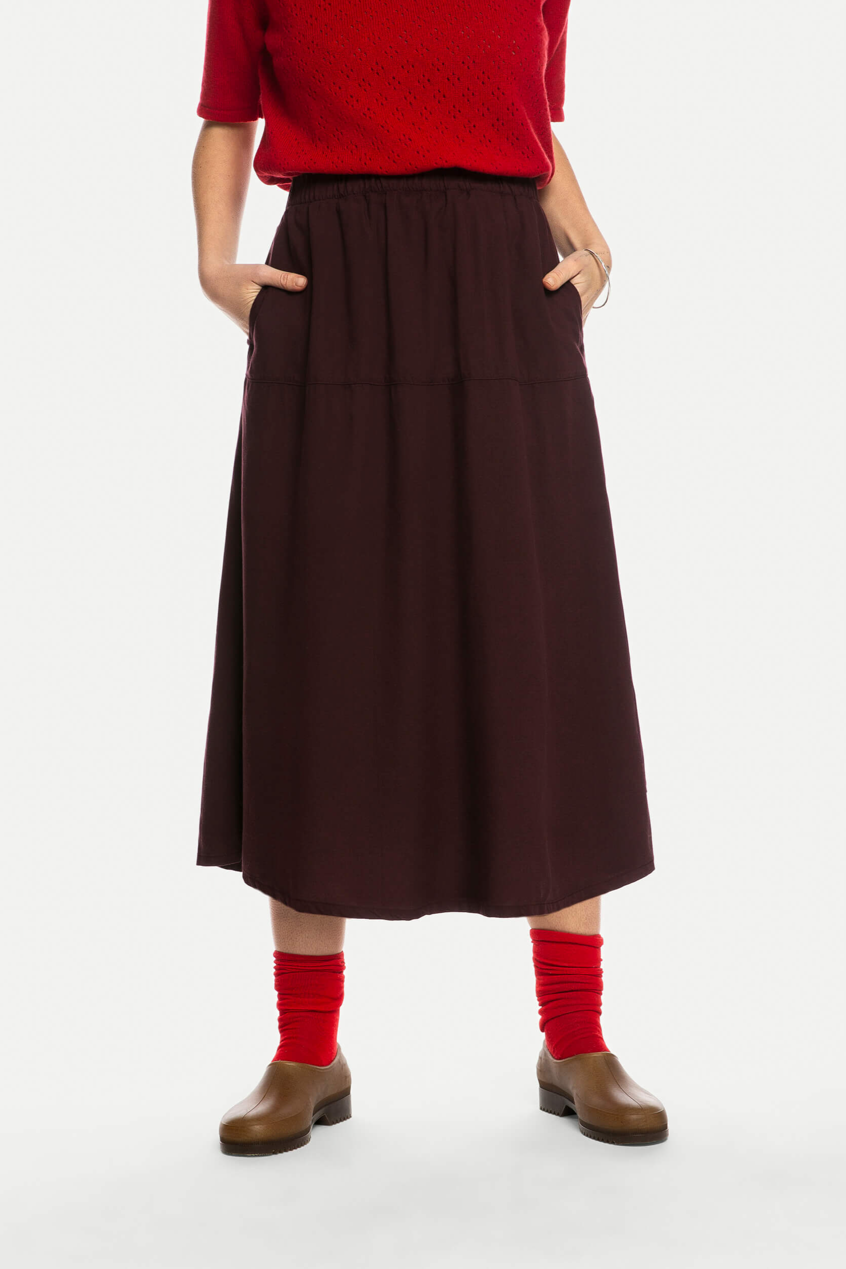 MATONA womens vegan Skirt Ruffled Midi Maroon