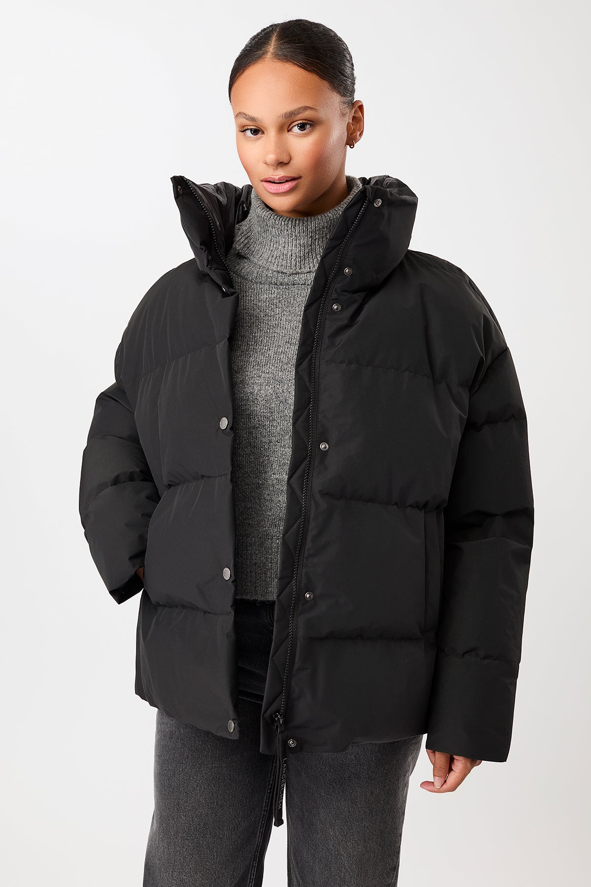 LangerChen womens vegan Jacket Quilted Stand Up Collar Black