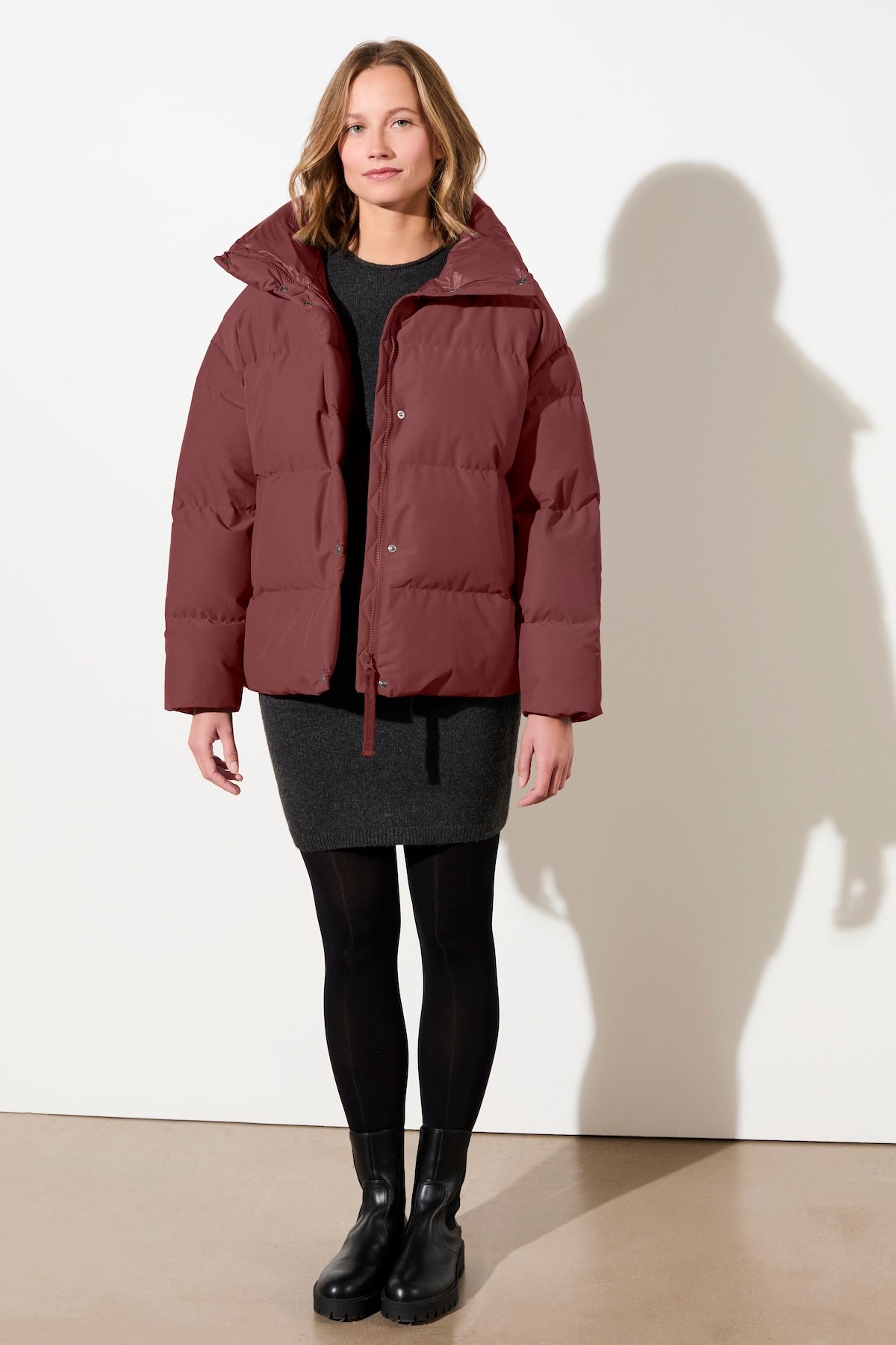 LangerChen womens vegan Jacket Quilted Stand Up Collar Burgundy