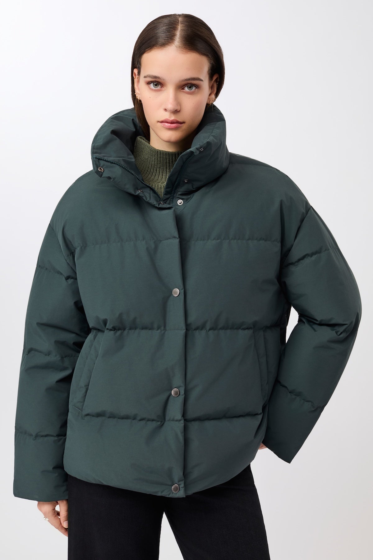 LangerChen womens vegan Jacket Quilted Stand Up Collar Fir Green