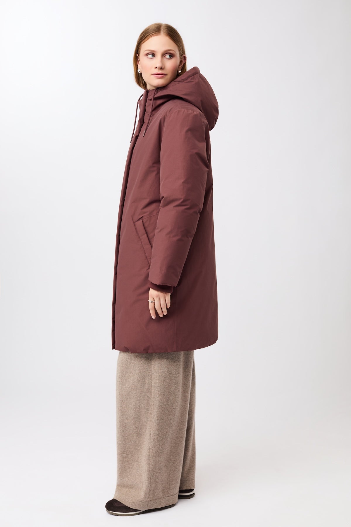 LangerChen womens vegan Jacket Long Hooded Burgundy