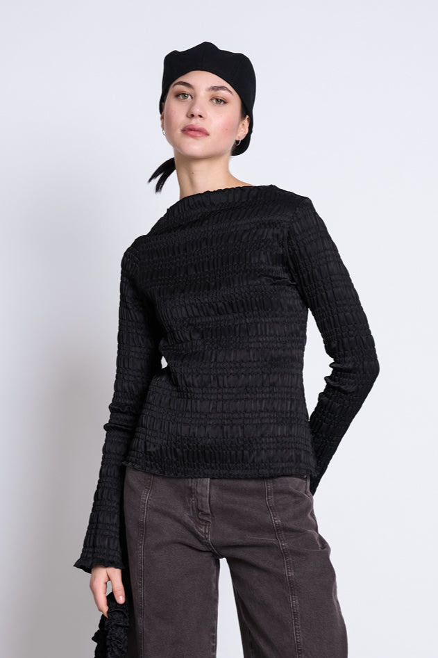 JAN N JUNE Damen vegan Longsleeve Smocked Senna Schwarz