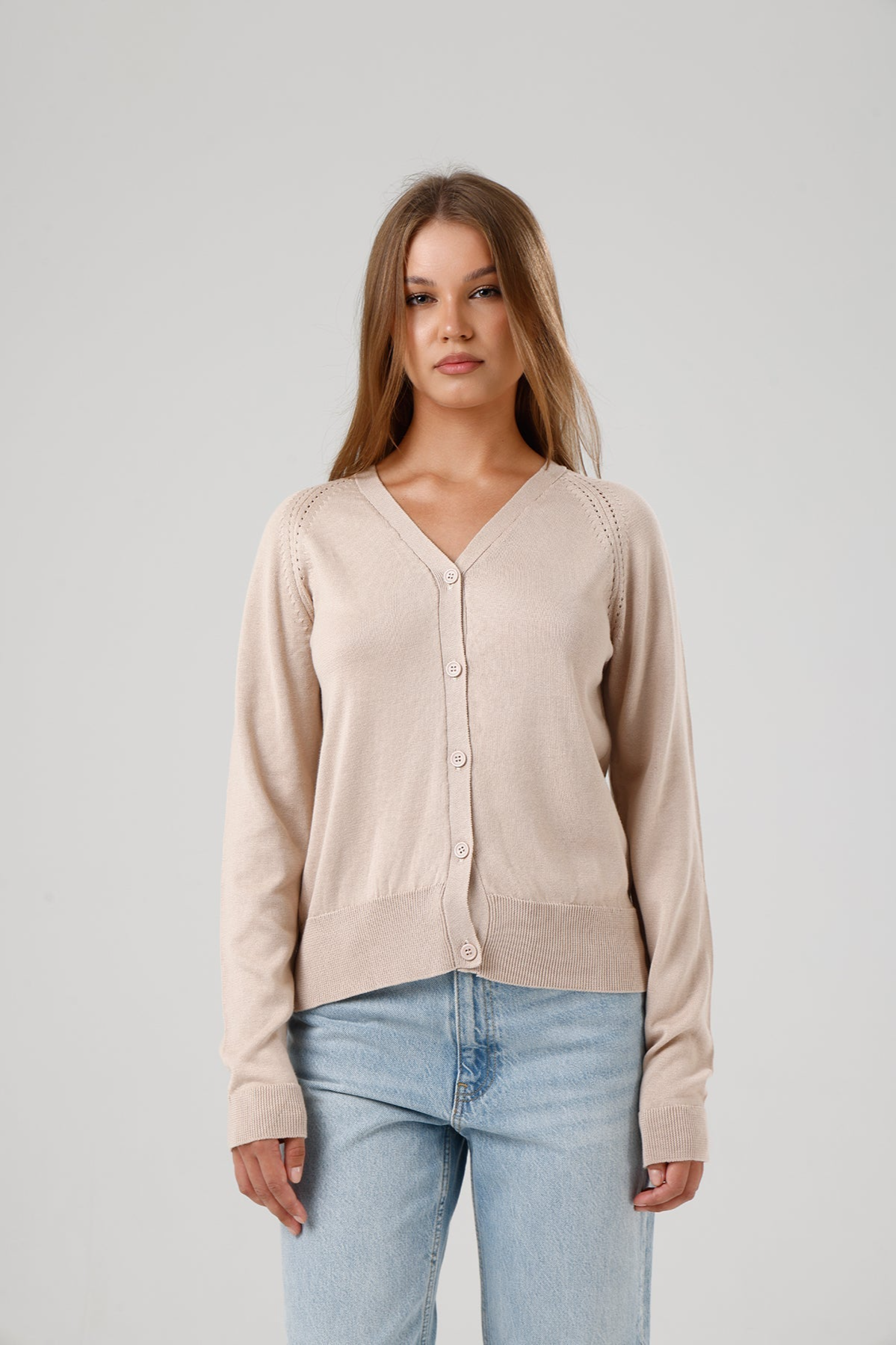 GORG Damen vegan Strickjacke Mit V-Ausschnitt Sandbeige