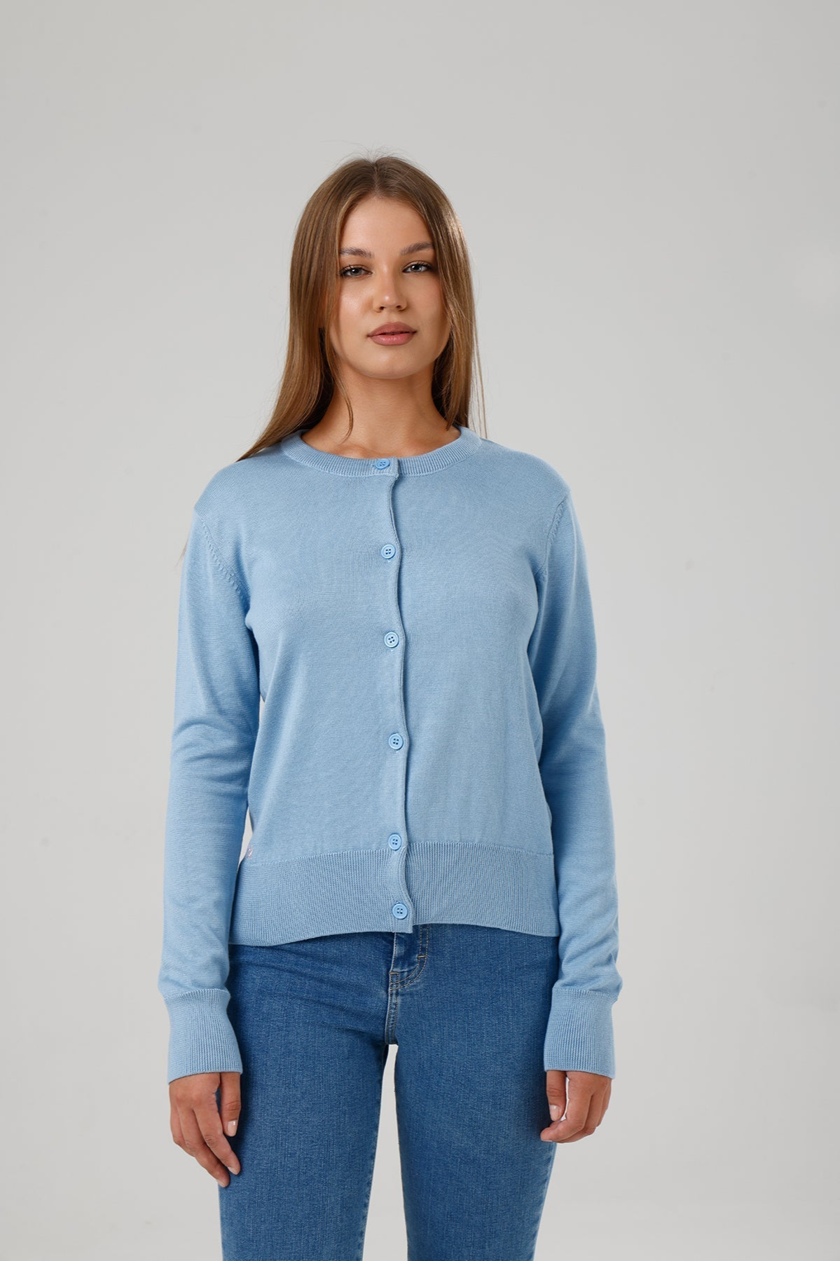 GORG Damen vegan Strickjacke Mit Rundhalsausschnitt Hellblau