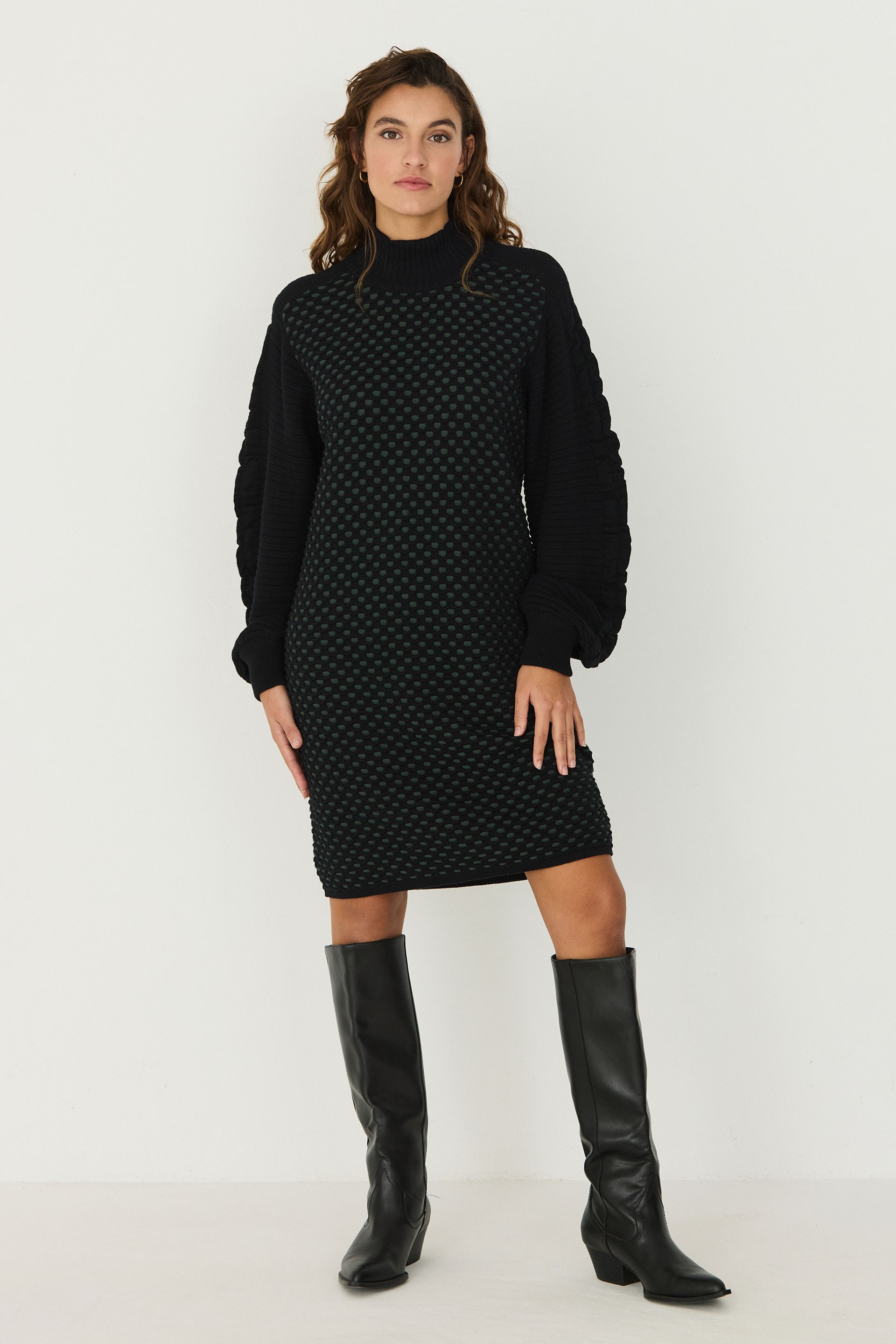 SKFK womens vegan Dress With High Neck Short Knitted Kaliope Black/ Green