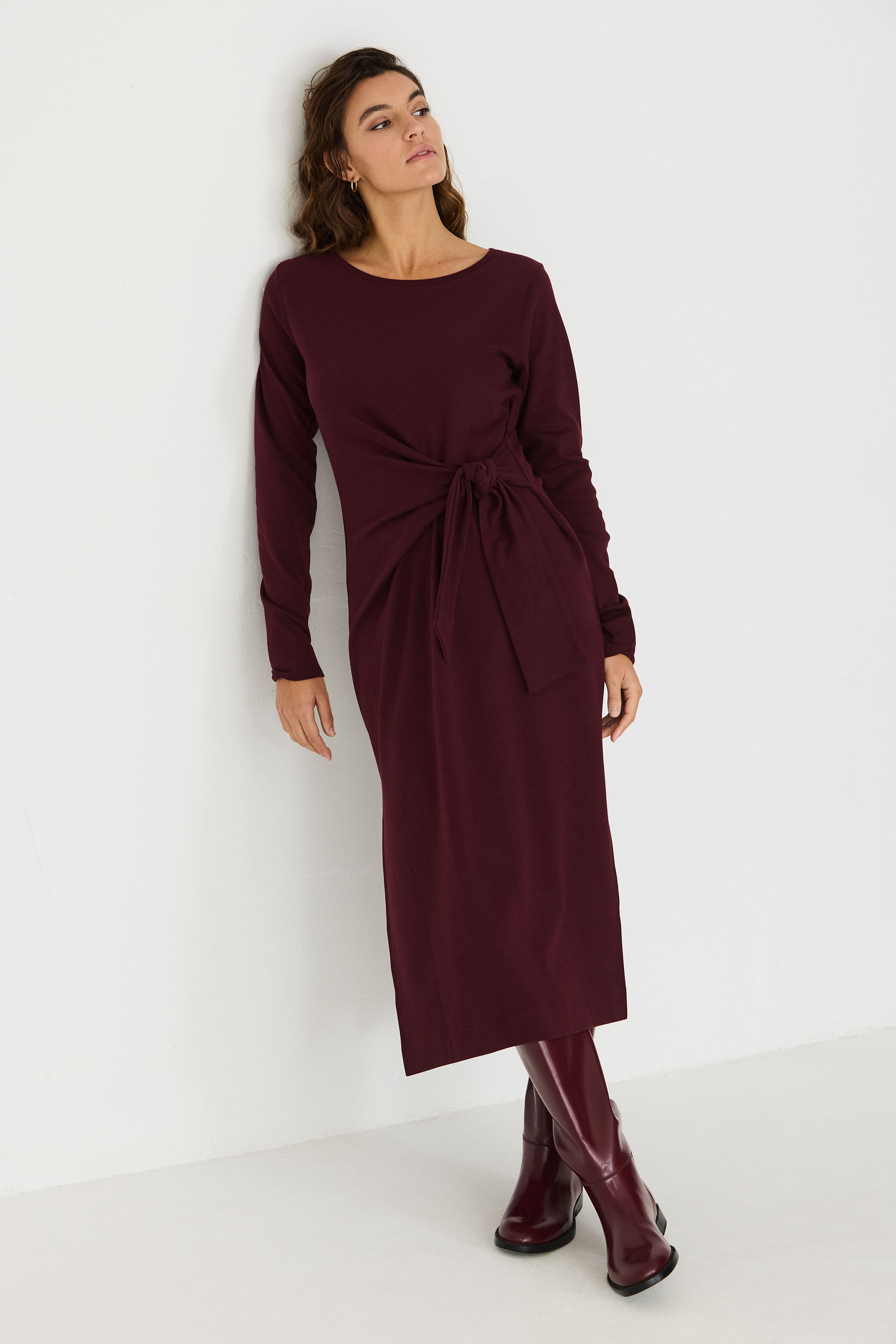 SKFK Damen vegan Midi-Strickkleid Mit Knoten Farbe Ide Brown