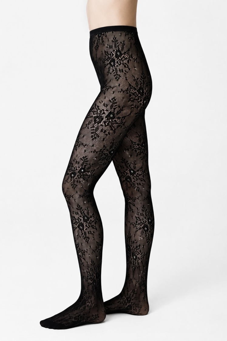 Swedish Stockings womens vegan Tights Rosa Lace Rhinestone Black