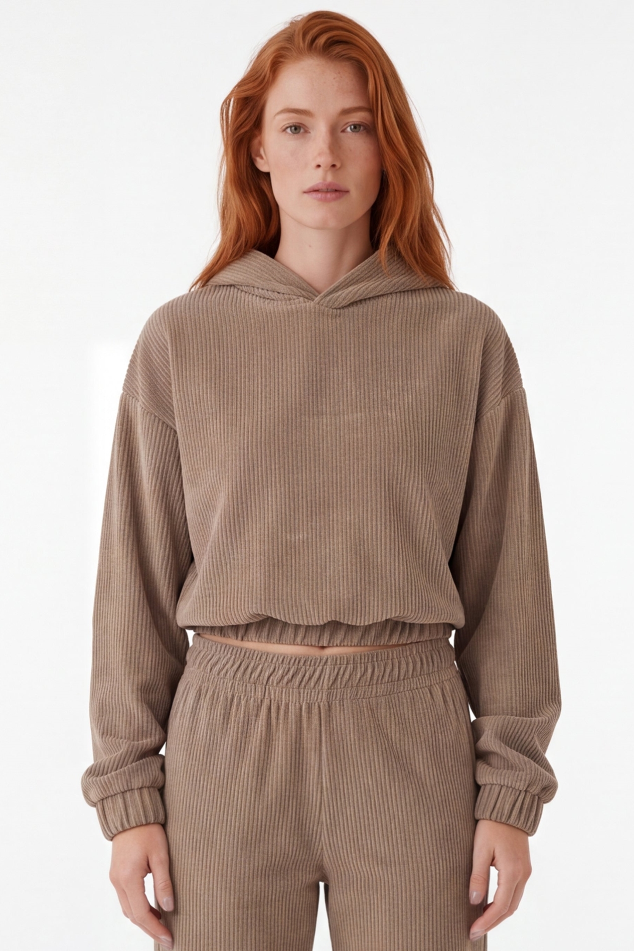 ORGANICATION Damen vegan Kurzer Hoodie Aus Cord Kiesbraun