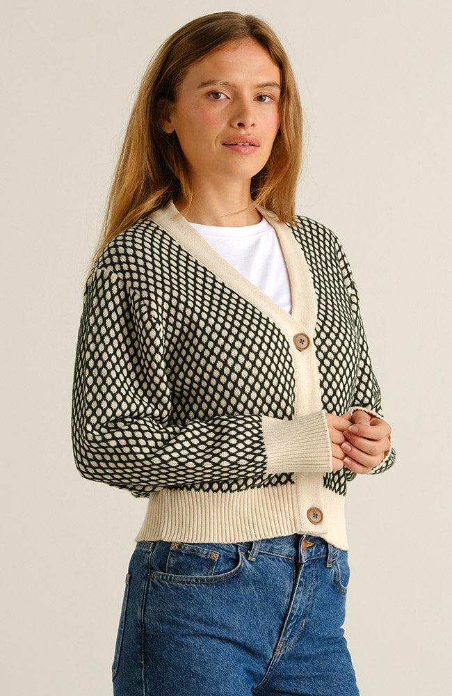 DEDICATED womens vegan Cardigan Kanan Bubble Knit Dark Green