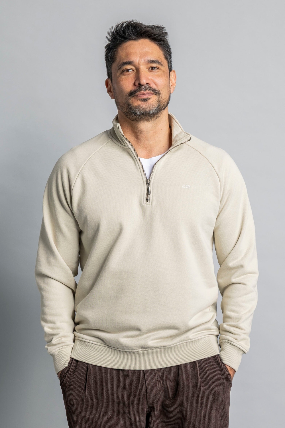 DIRTS men vegan Sweater Quarter Zip Raglan Cashew Beige