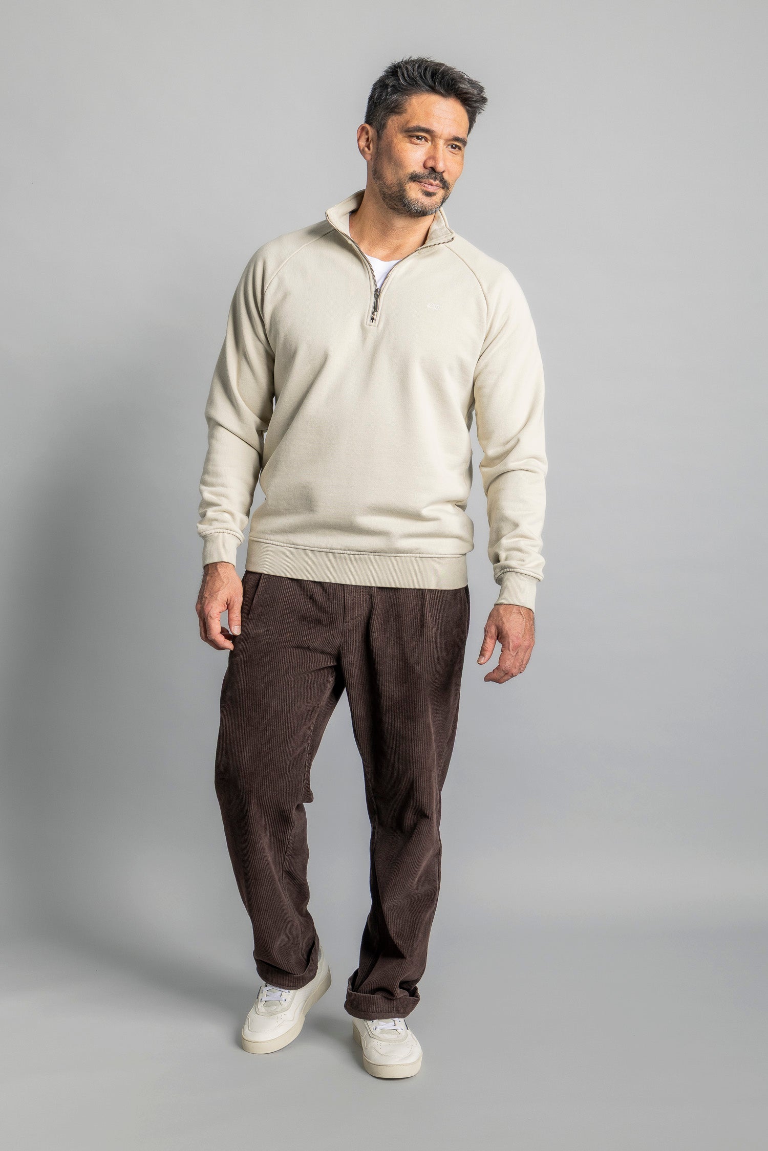DIRTS men vegan Sweater Quarter Zip Raglan Cashew Beige