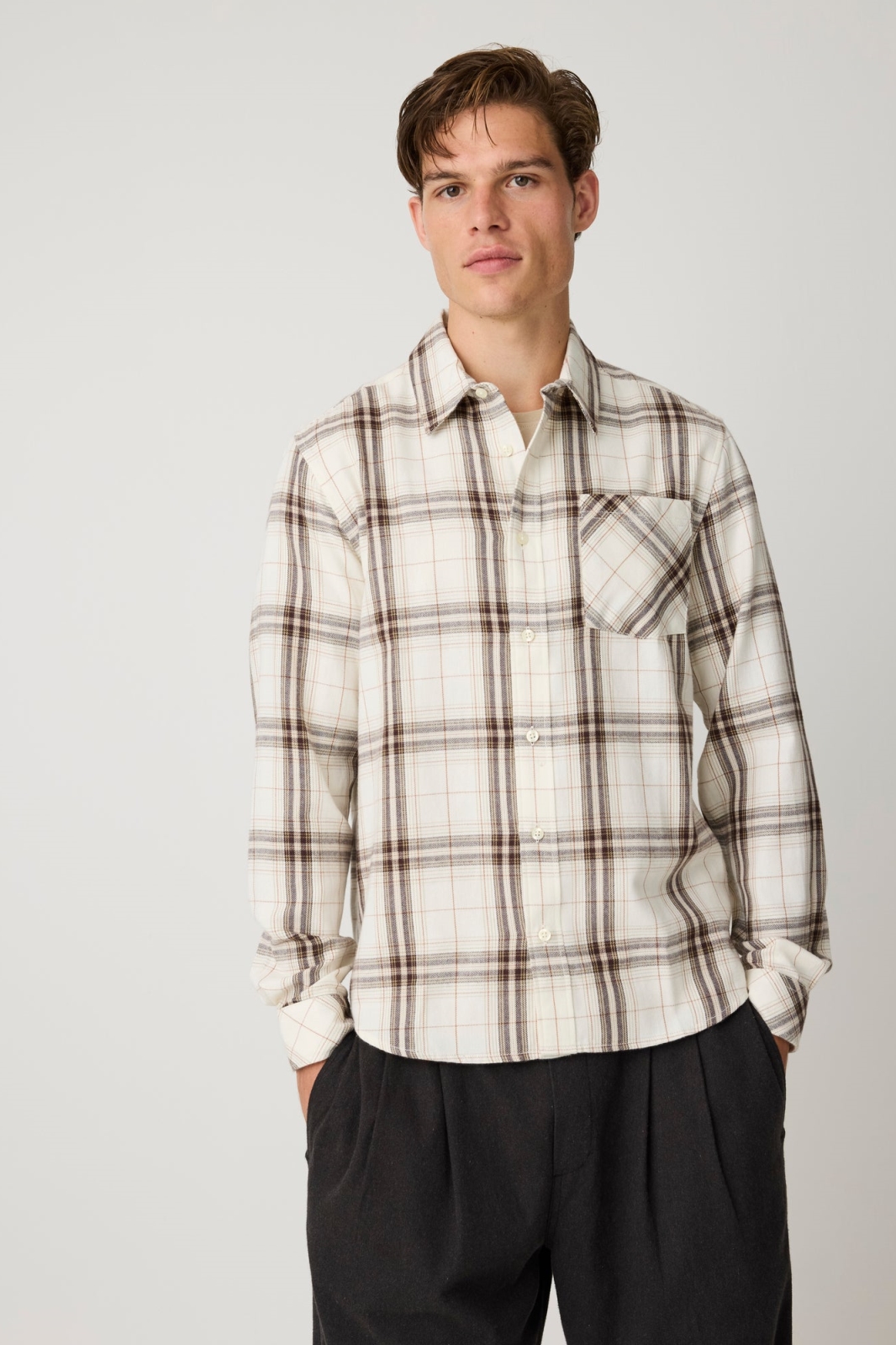KnowledgeCotton Apparel Herren vegan Hemd Dune Regular Fit Kariertes Flanellhemd, Cremefarben