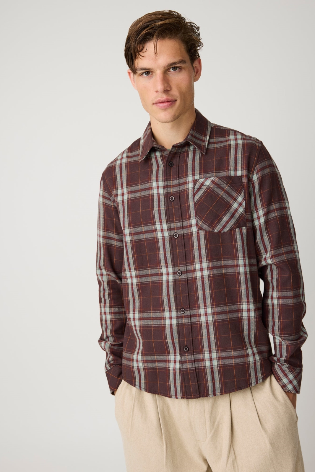 KnowledgeCotton Apparel Herren vegan Hemd Dune Regul&Atilde;&curren;res Karomuster Flanell Dunkelbraun