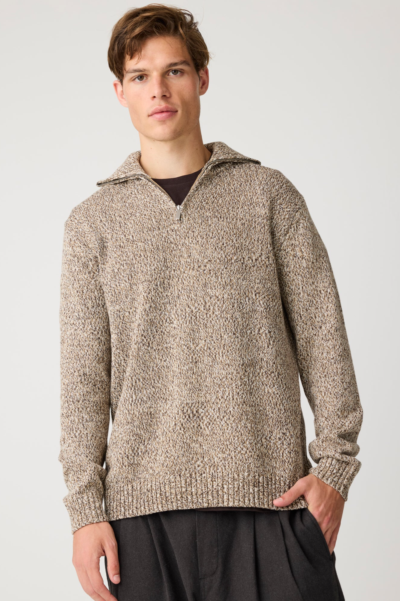 KnowledgeCotton Apparel Herren vegan Pullover Mit Viertelrei&Atilde;Ÿverschluss Braun Mehrfarbig