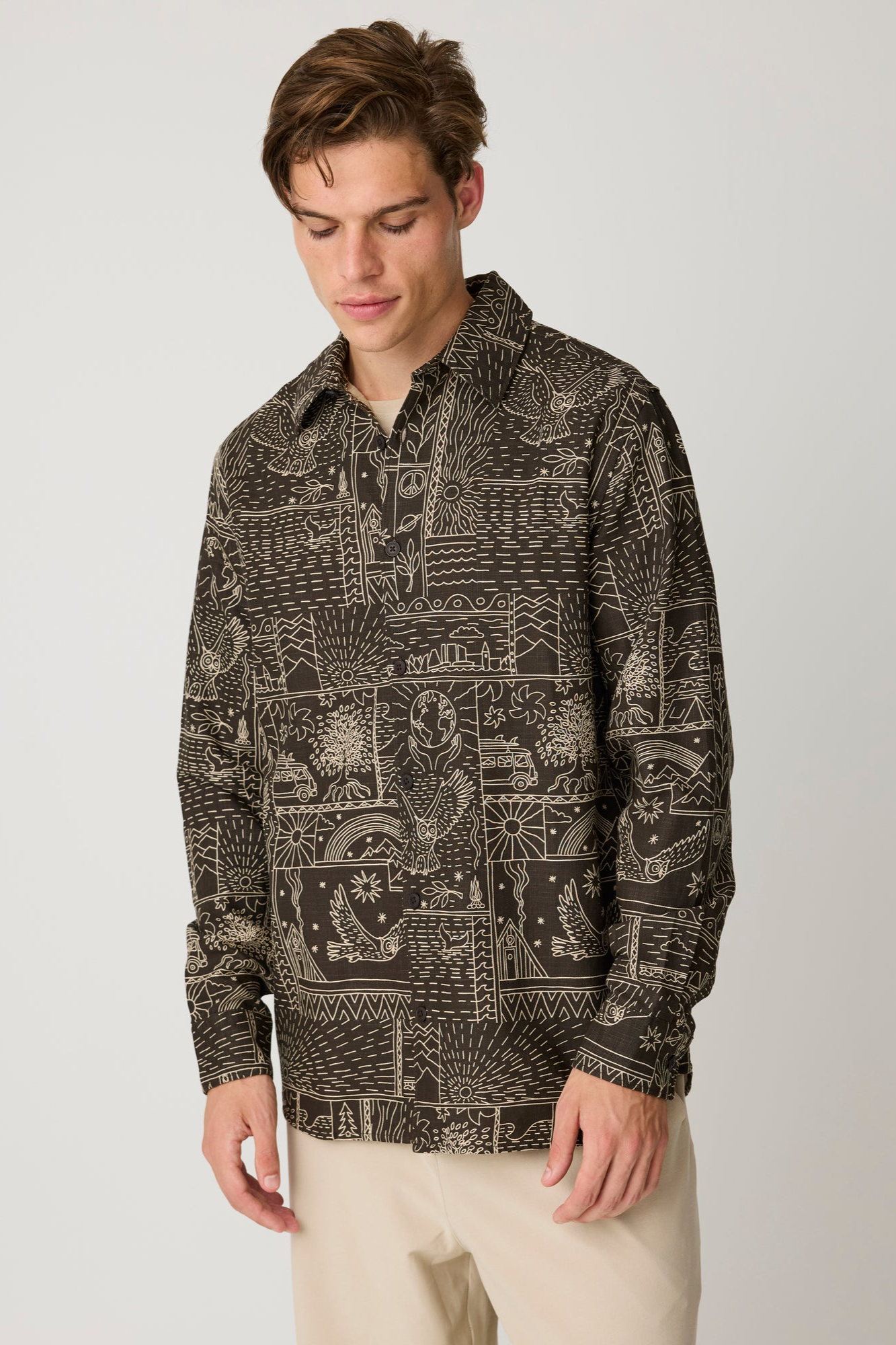 KnowledgeCotton Apparel Herren vegan Hemd Sleet Comfort Print Dunkelbraun