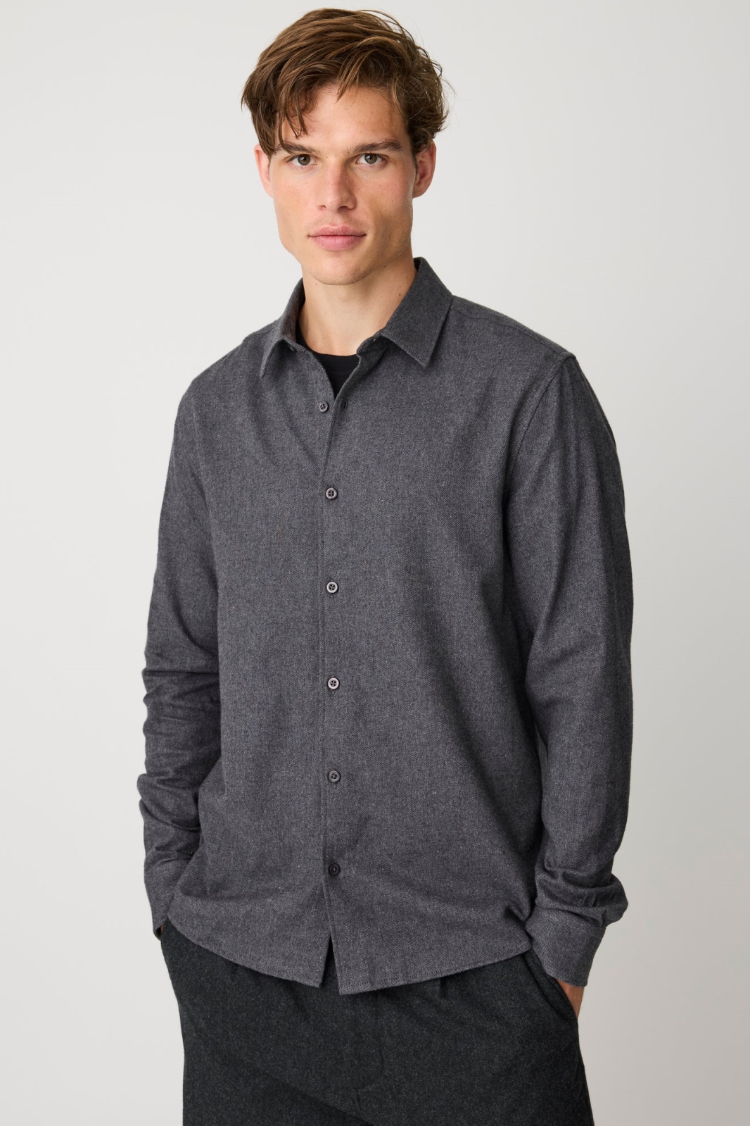 KnowledgeCotton Apparel Herren vegan Hemd Dune Regular Aus Flanell Dunkelgrau Meliert