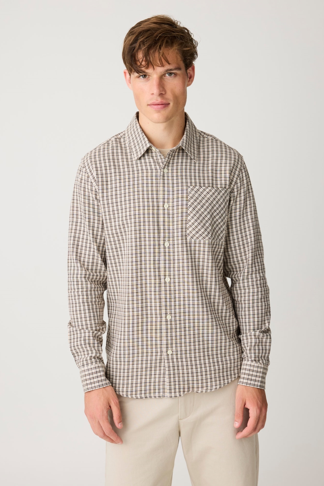 KnowledgeCotton Apparel Herren vegan Hemd Dune Regular Passform Karomuster Cremefarben, Karomuster