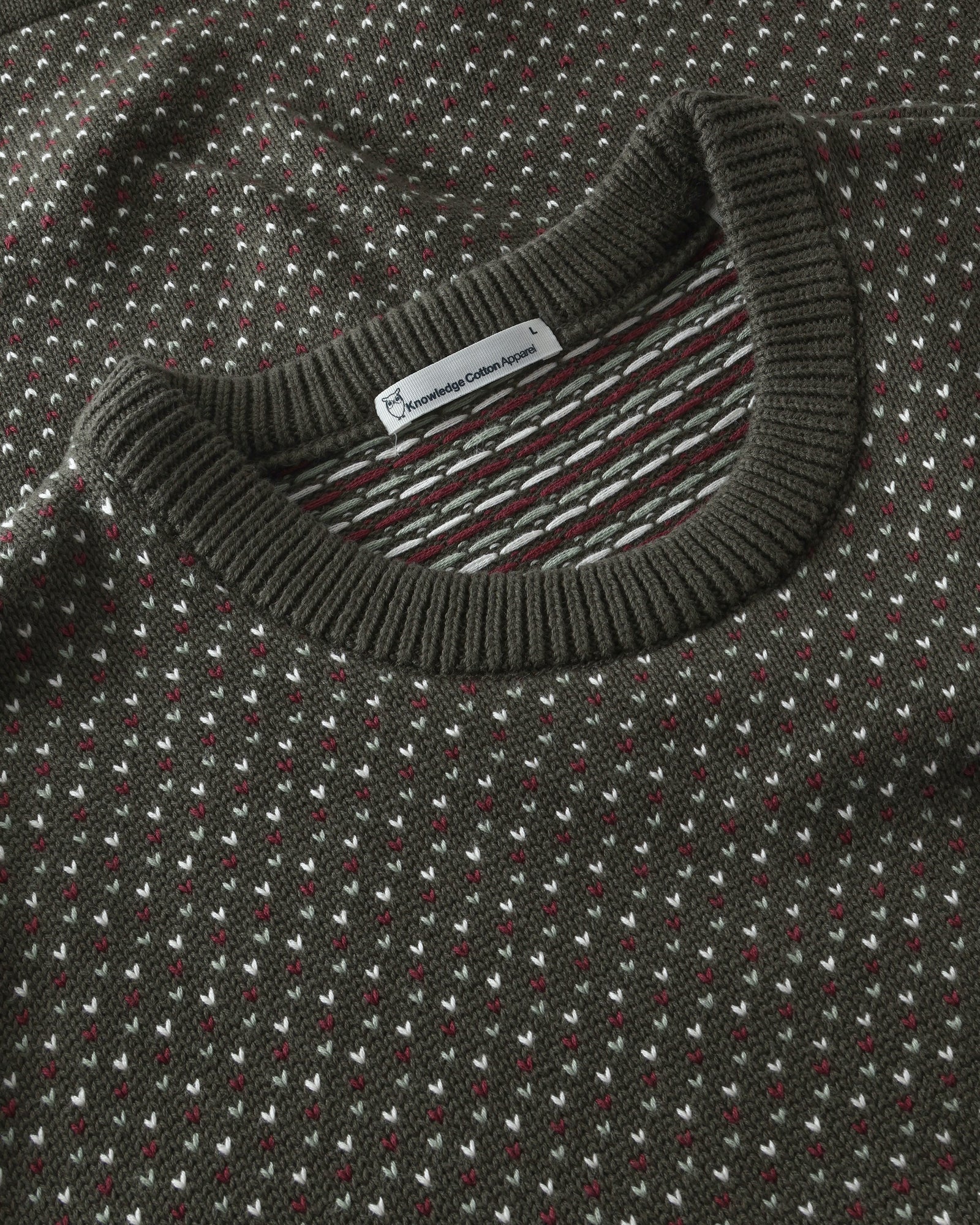 KnowledgeCotton Apparel men vegan Sweater Jacquard Crew Neck Green