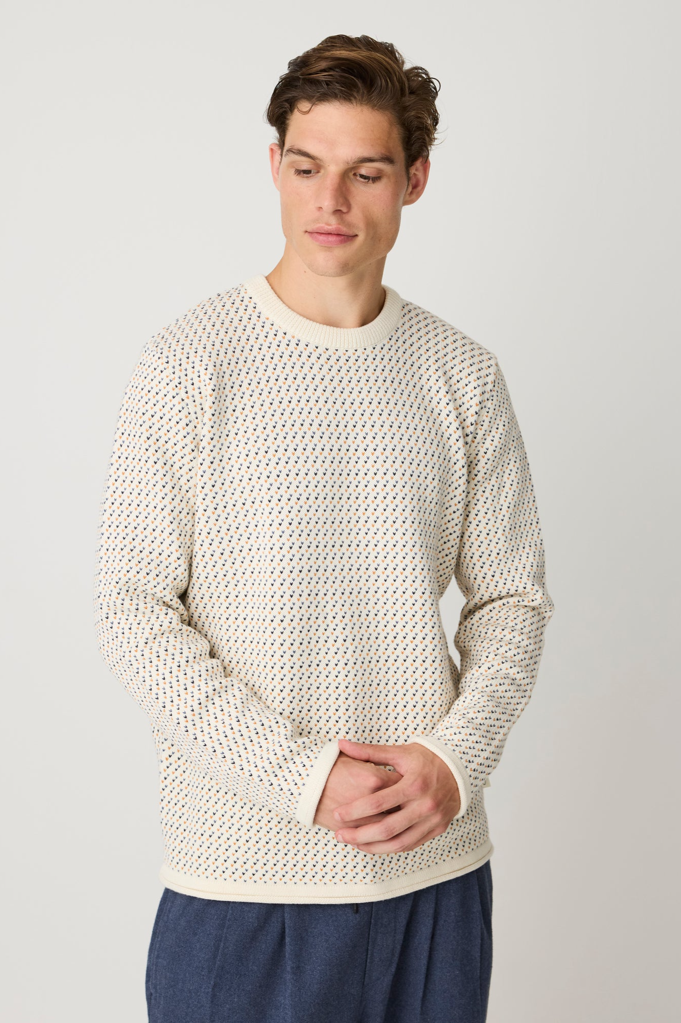 KnowledgeCotton Apparel Herren vegan Jacquard-Pullover Mit Rundhalsausschnitt Cremefarben