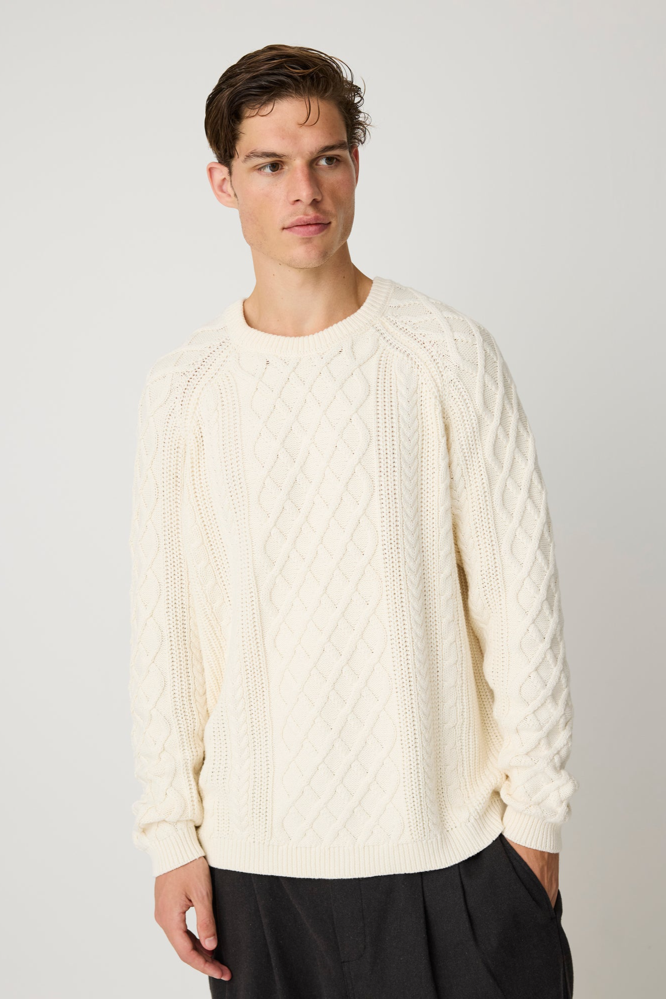 KnowledgeCotton Apparel Herren vegan Pullover Mit Zopfmuster Farbe Egret White