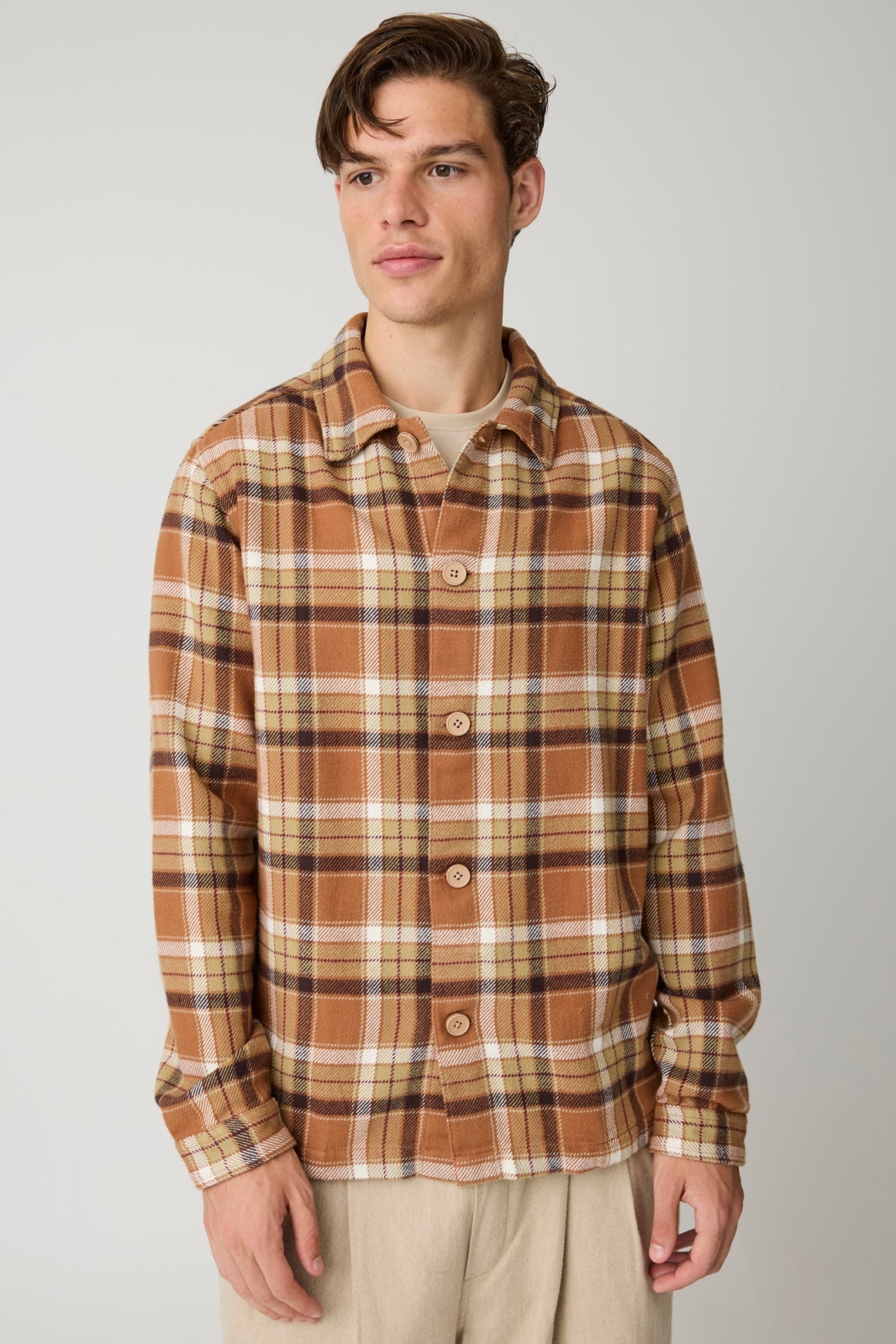 KnowledgeCotton Apparel men vegan Overshirt Flannel Check Beige Check