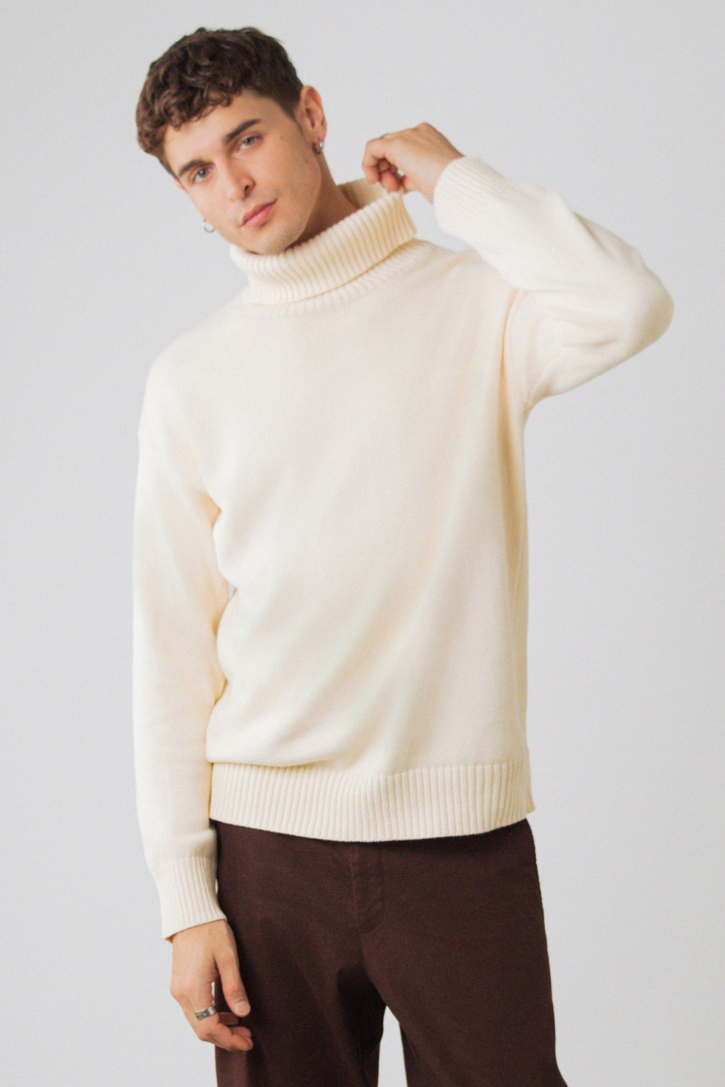 Honest Basics Herren vegan Rollkragenpullover Grob Gestrickt Cremefarben