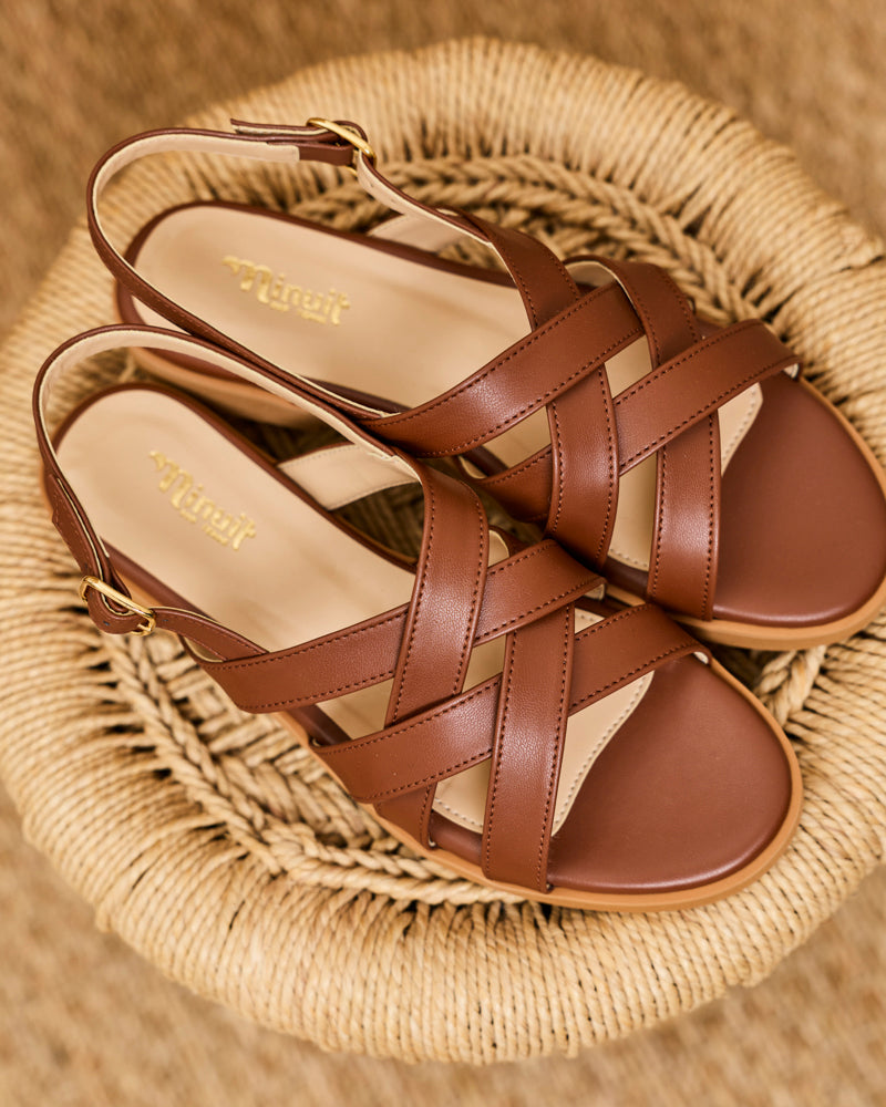 Minuit Sur Terre womens vegan Flat Sandals Origan Camel Brown