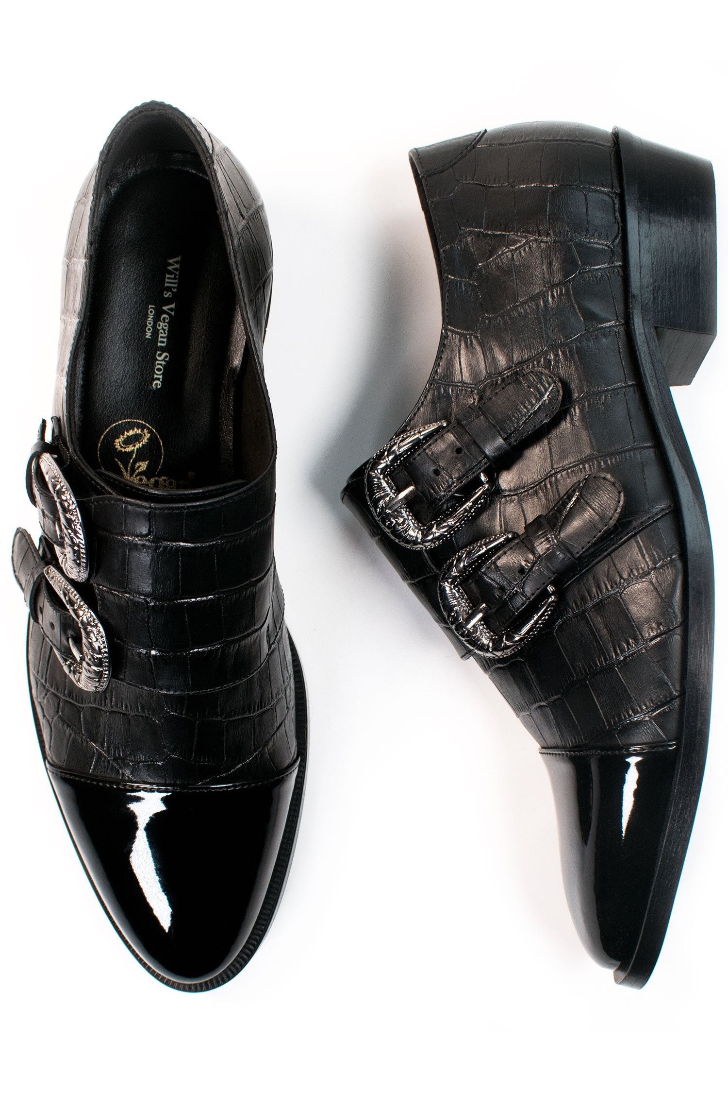 Will's Vegan Store Damen vegan Schuhe Mit Monk-Strap In Krokodiloptik Schwarz