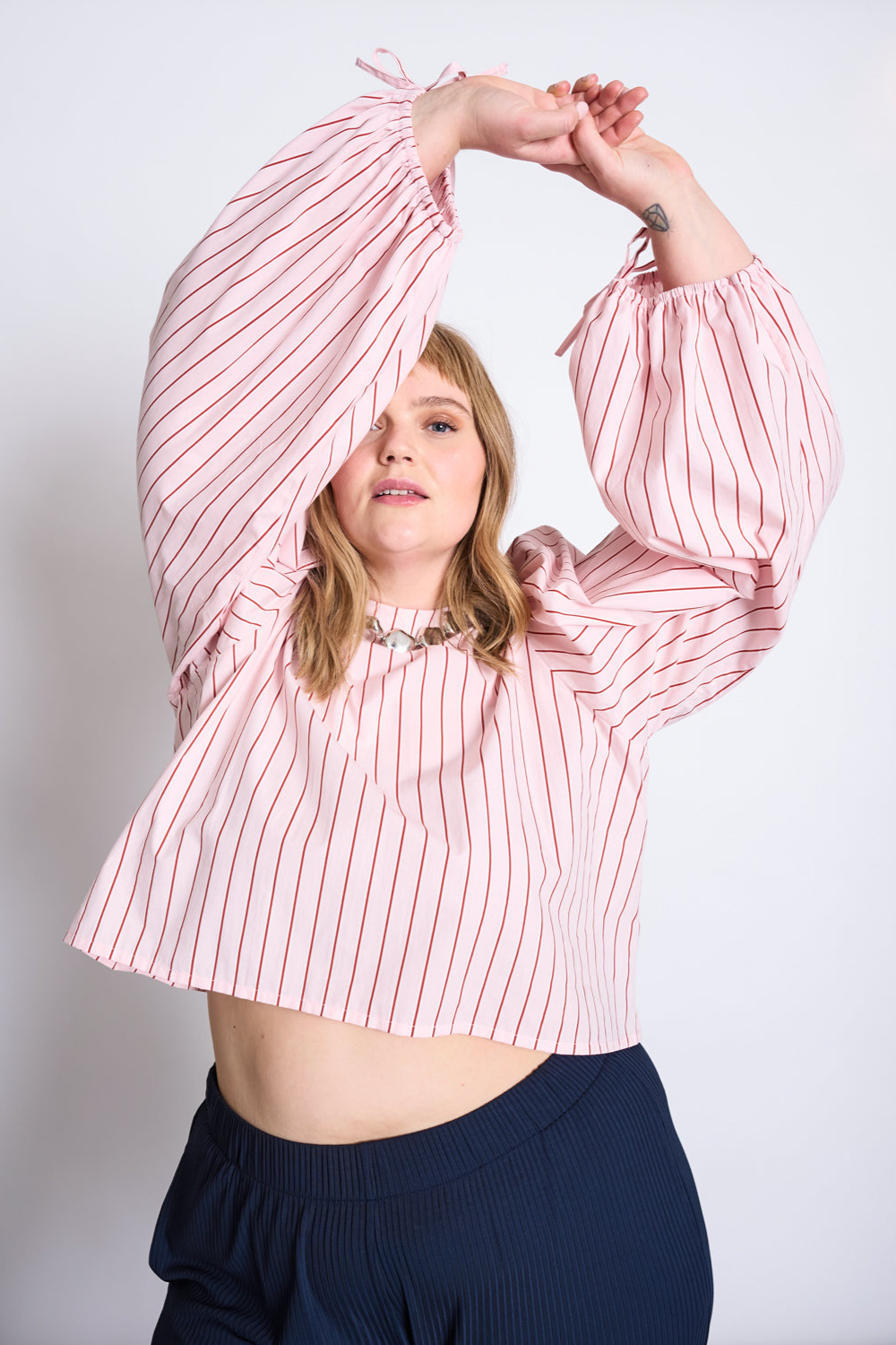 JAN N JUNE Damen vegan Bluse Mit Puff&Atilde;&curren;rmeln Und Noppen Hellrosa Gestreift