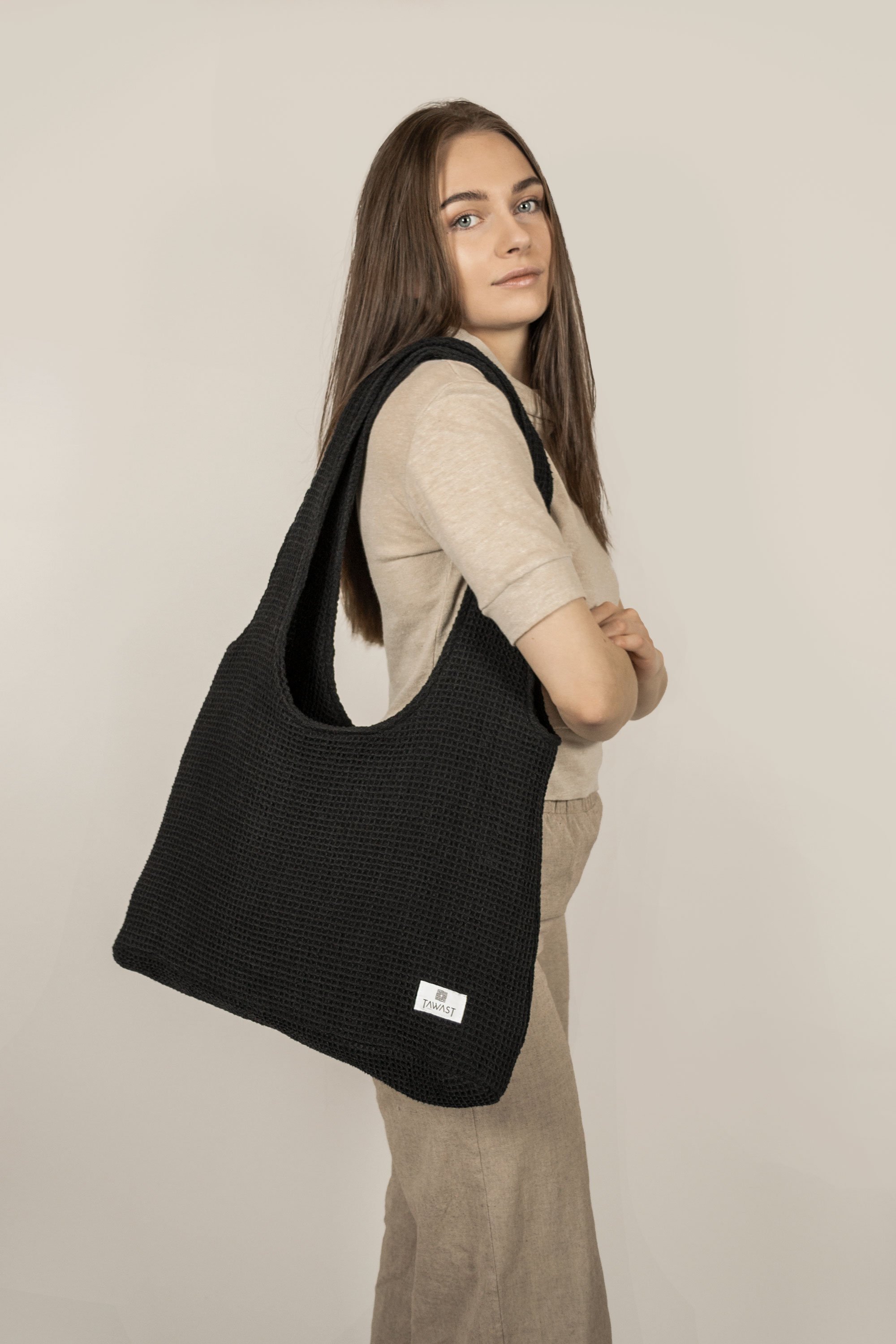 Image of TAWAST dames vegan Tote Bag Cloud Zwart Wafelstructuur