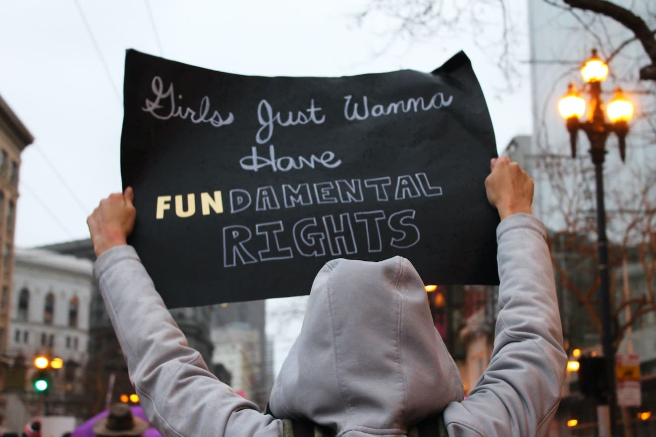 “Protest banner saying girls just wanna have fundamental rights”